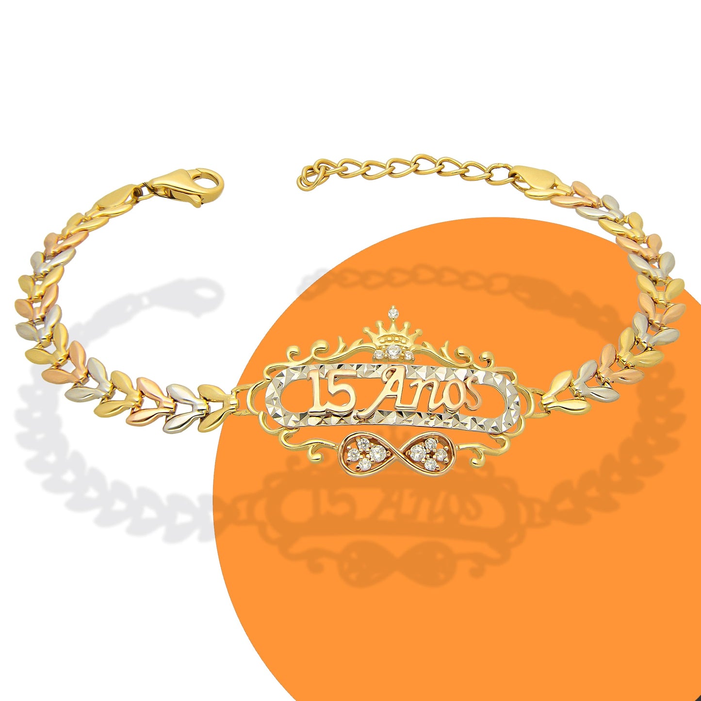 MR14PD124 Pulsera Esclava Dama Oro Sólido 14K Mod XV Años Ornamentado Infinito 3 Oros Ancho Figura 20 mm, Ancho Eslabón 5 mm x 18 cm