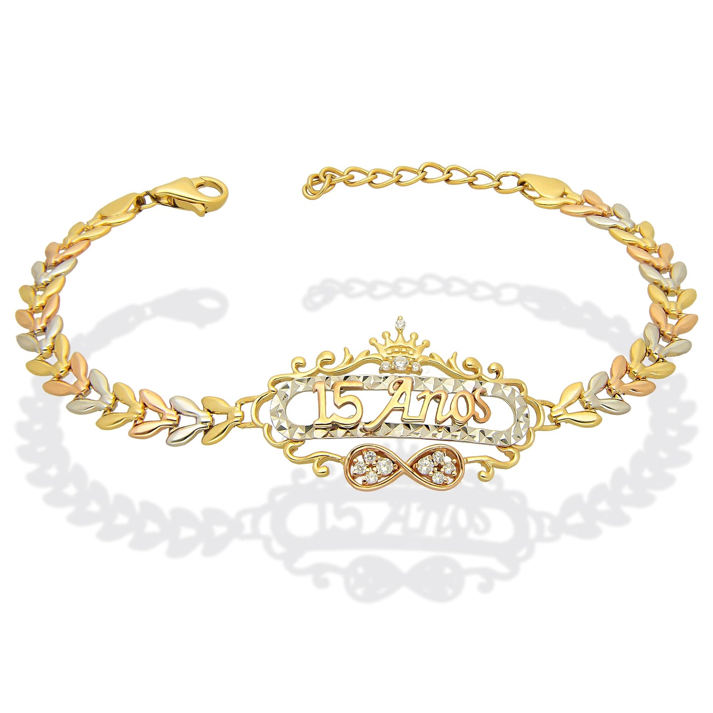 MR14PD124 Pulsera Esclava Dama Oro Sólido 14K Mod XV Años Ornamentado Infinito 3 Oros Ancho Figura 20 mm, Ancho Eslabón 5 mm x 18 cm