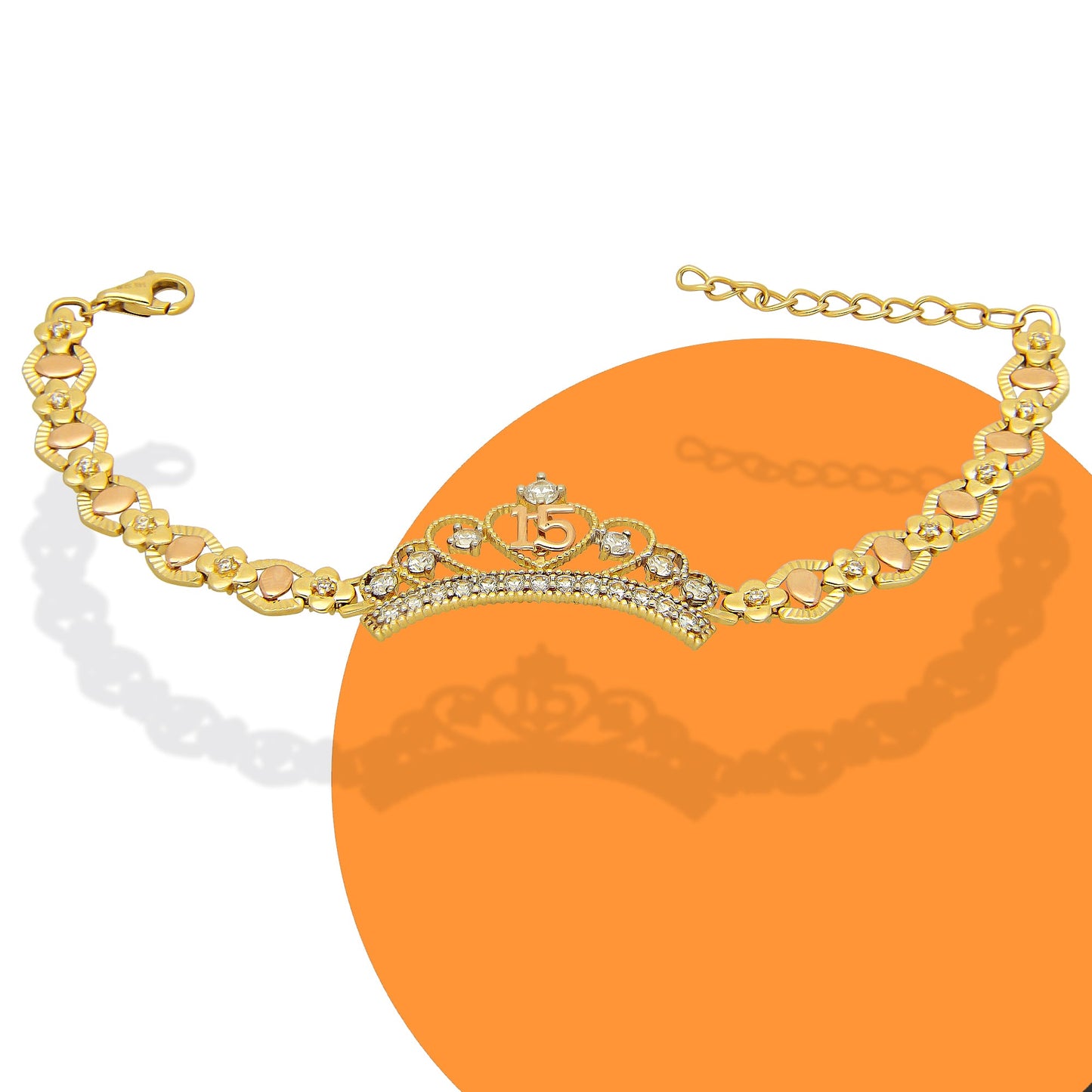 MR14PD126 Pulsera Esclava Dama Oro Sólido 14K Mod XV Años Corona Grande 7 Zirconias Ancho Figura 17 mm, Ancho Eslabón 7 mm x 18 cm