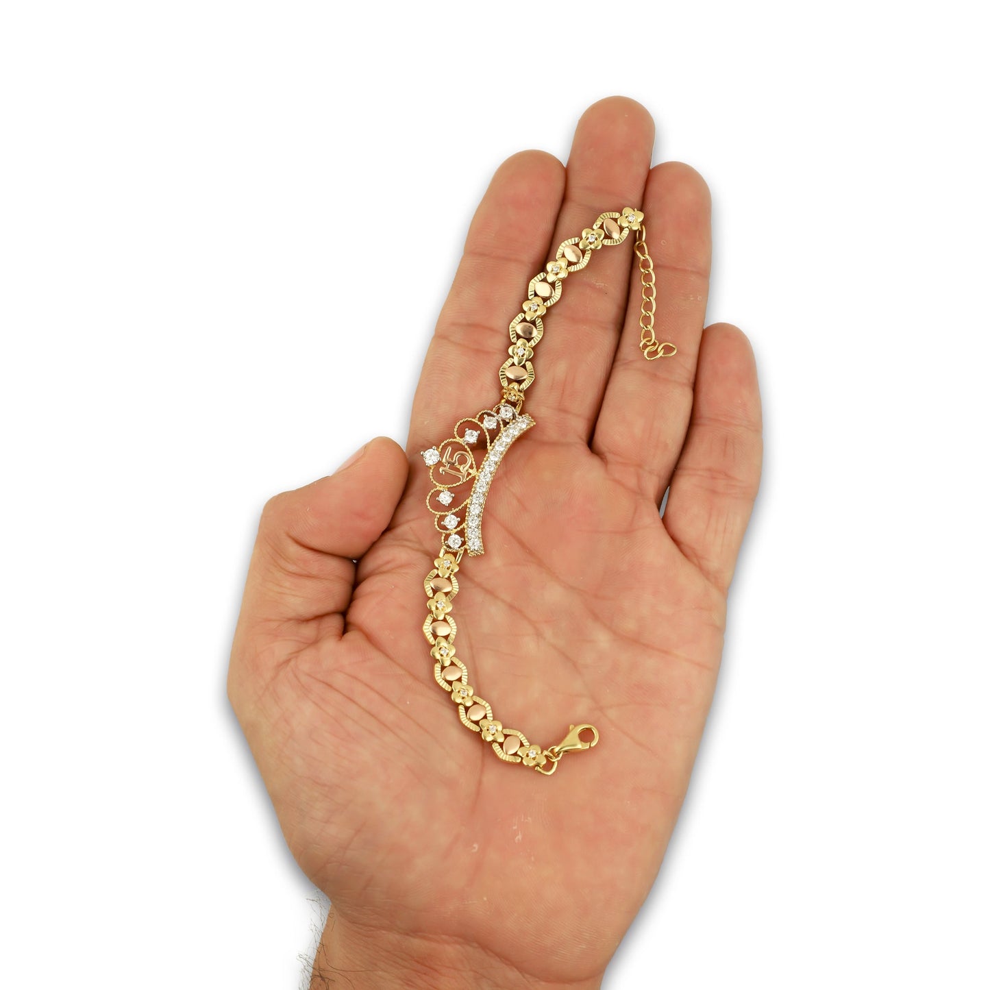 MR14PD126 Pulsera Esclava Dama Oro Sólido 14K Mod XV Años Corona Grande 7 Zirconias Ancho Figura 17 mm, Ancho Eslabón 7 mm x 18 cm