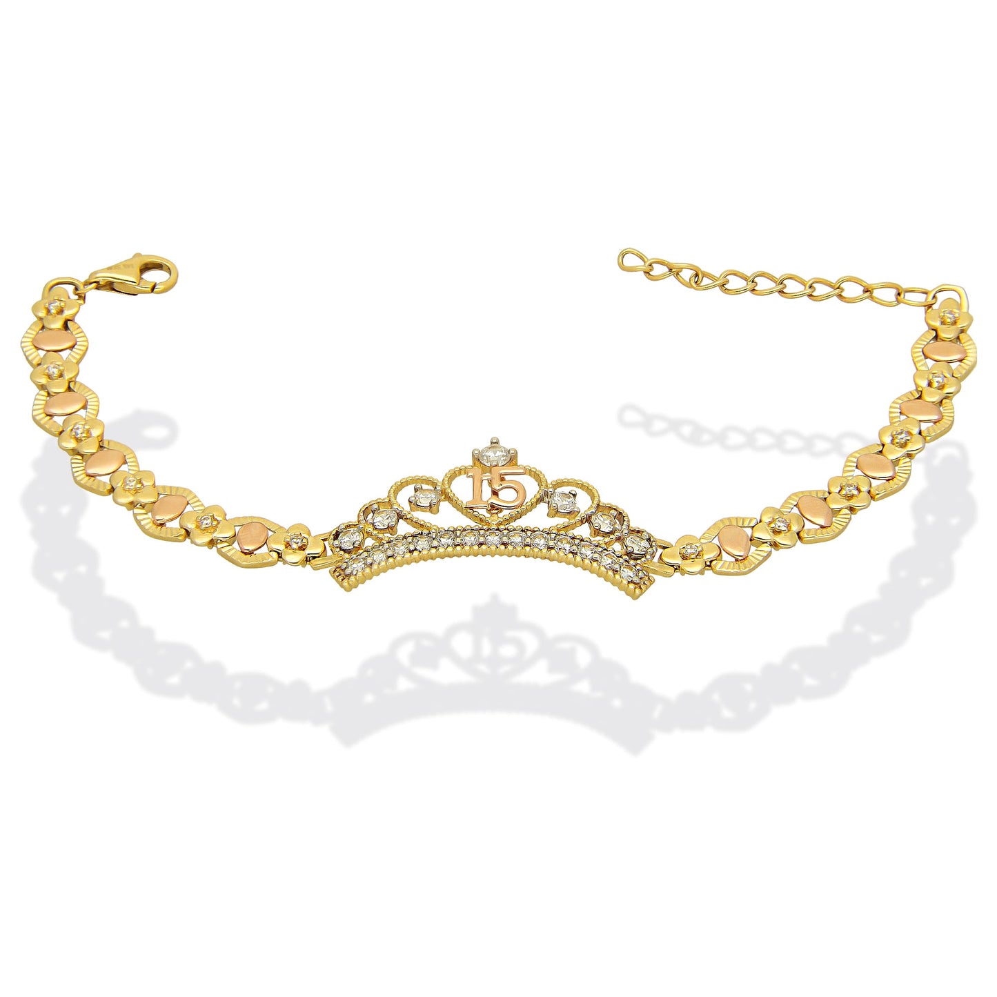 MR14PD126 Pulsera Esclava Dama Oro Sólido 14K Mod XV Años Corona Grande 7 Zirconias Ancho Figura 17 mm, Ancho Eslabón 7 mm x 18 cm