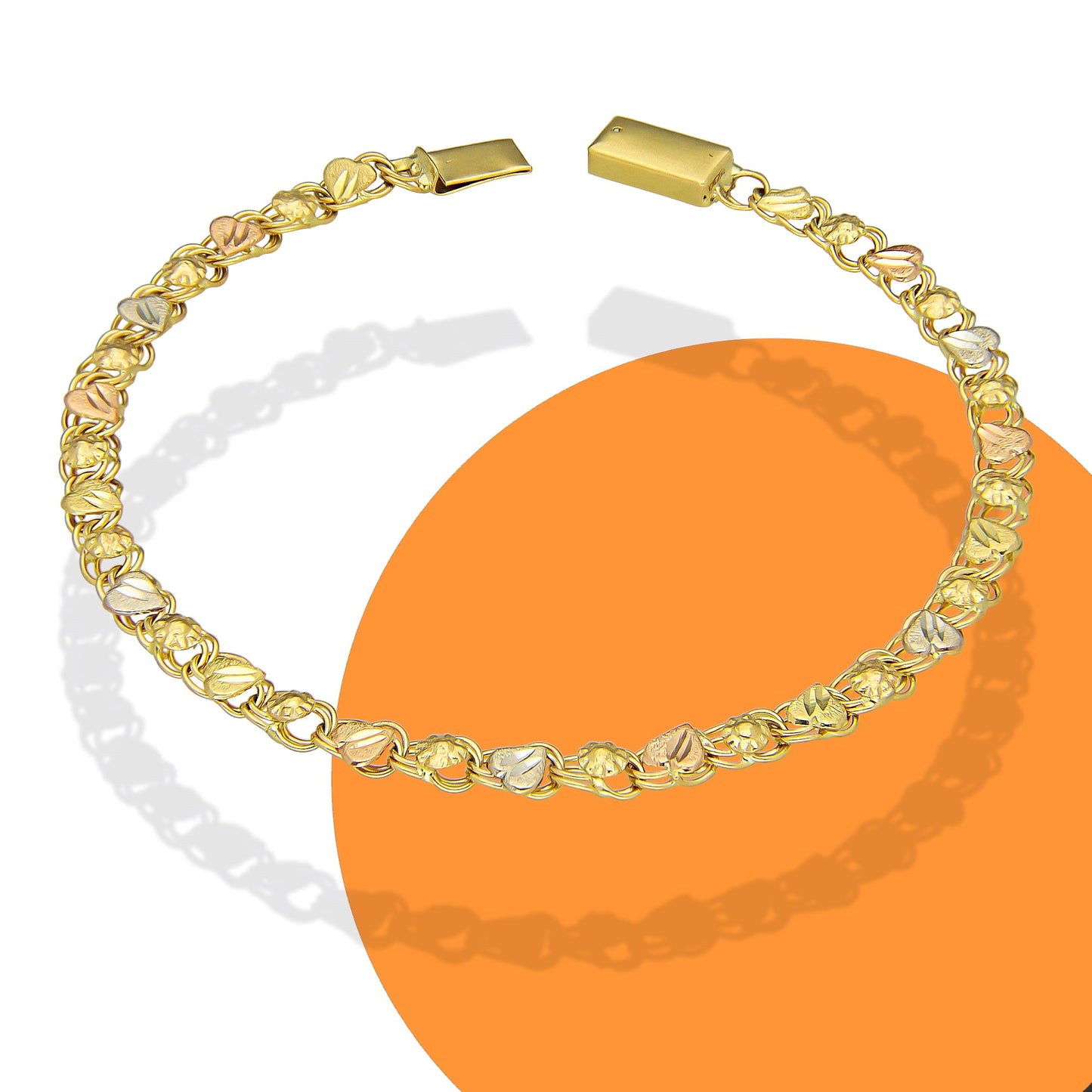 MR14PD130 Pulsera Dama Oro Sólido 14K Modelo Tejido Chino con Corazones 4 mm x 19 cm