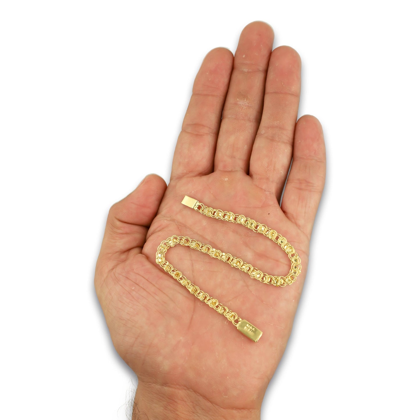 MR14PD130 Pulsera Dama Oro Sólido 14K Modelo Tejido Chino con Corazones 4 mm x 19 cm