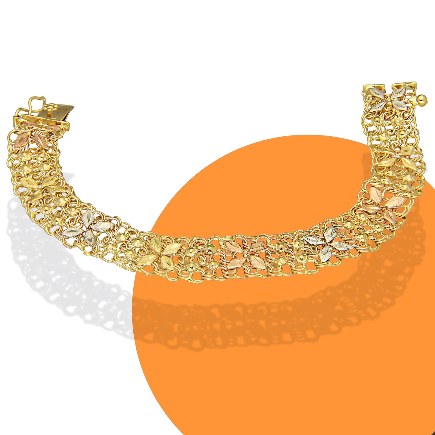 MR14PD131 Pulsera Dama Oro Sólido 14K Modelo Tejido Chino con Flores 12 mm x 18 cm