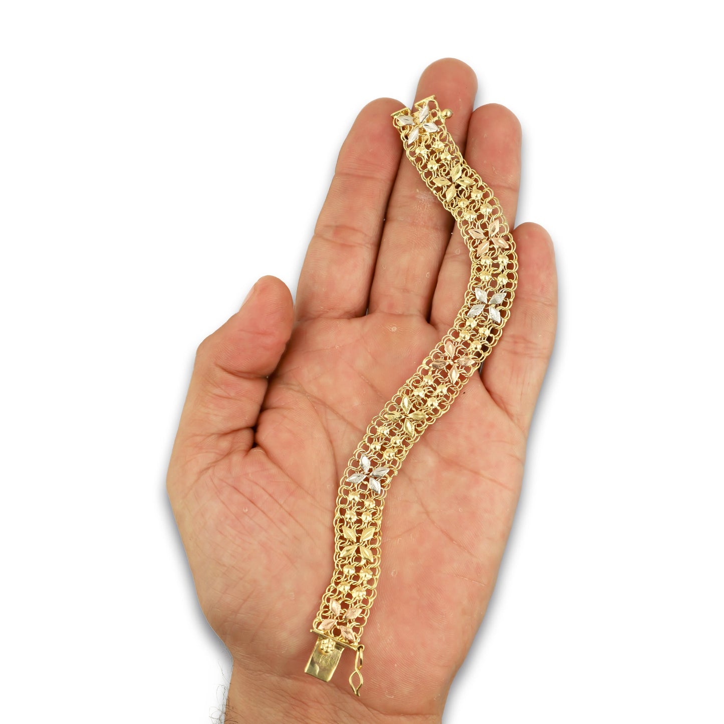 MR14PD131 Pulsera Dama Oro Sólido 14K Modelo Tejido Chino con Flores 12 mm x 18 cm