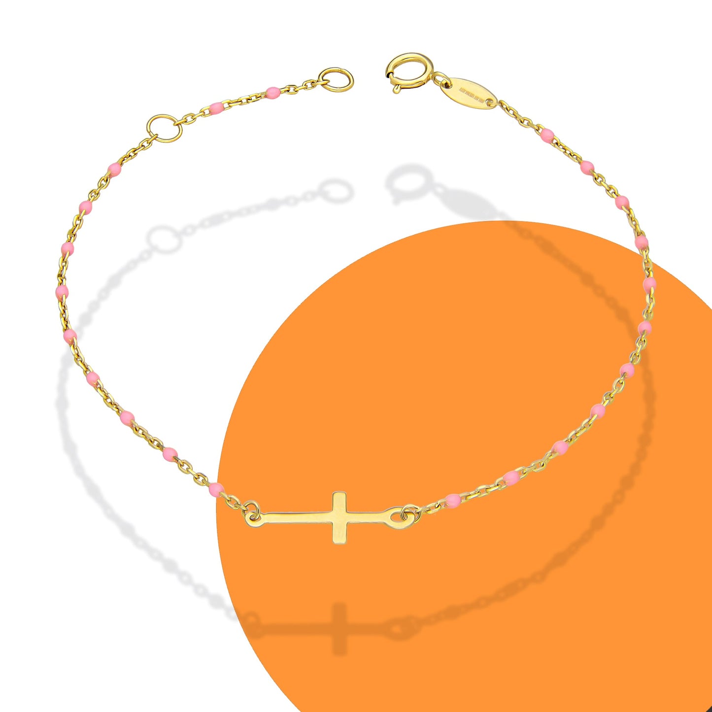 MR14PD138 Pulsera Dama Oro Sólido 14K EMF14 Modelo Bolitas Rosas con Cruz Lisa en medio 1 mm x 18 cm