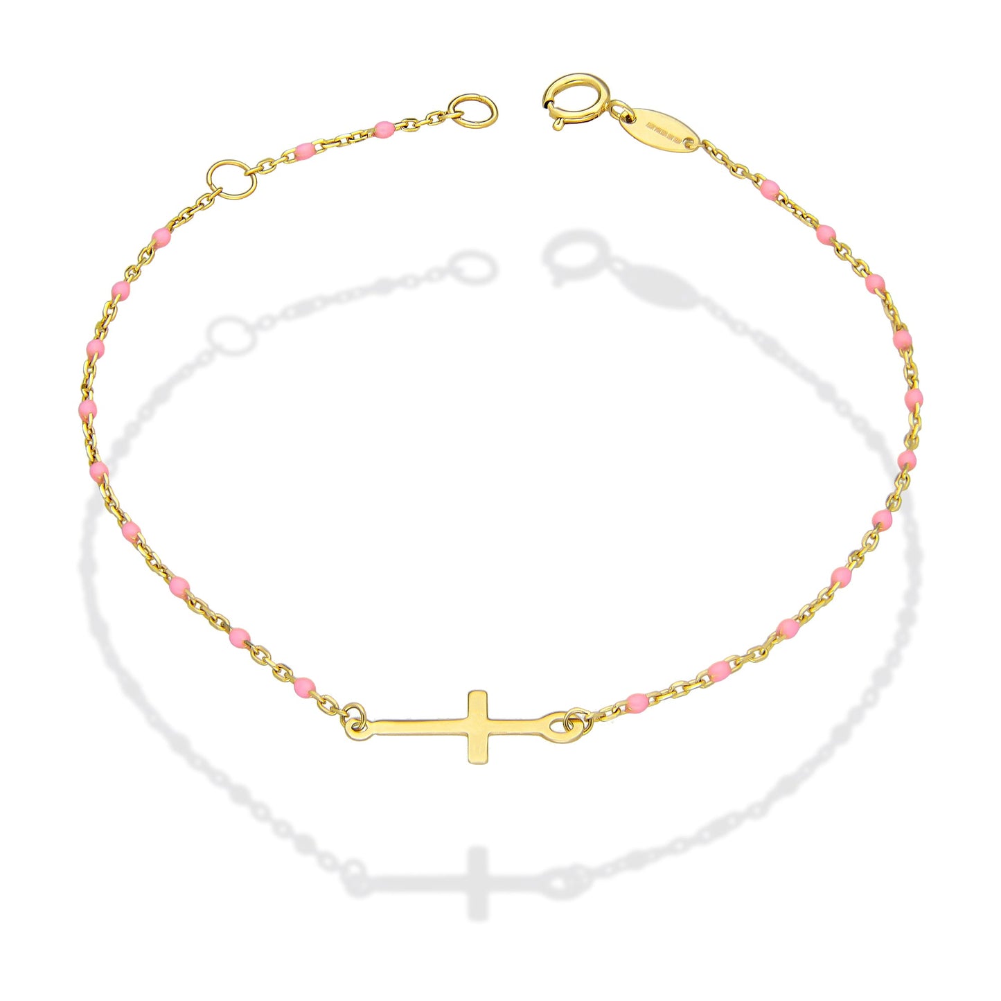 MR14PD138 Pulsera Dama Oro Sólido 14K EMF14 Modelo Bolitas Rosas con Cruz Lisa en medio 1 mm x 18 cm