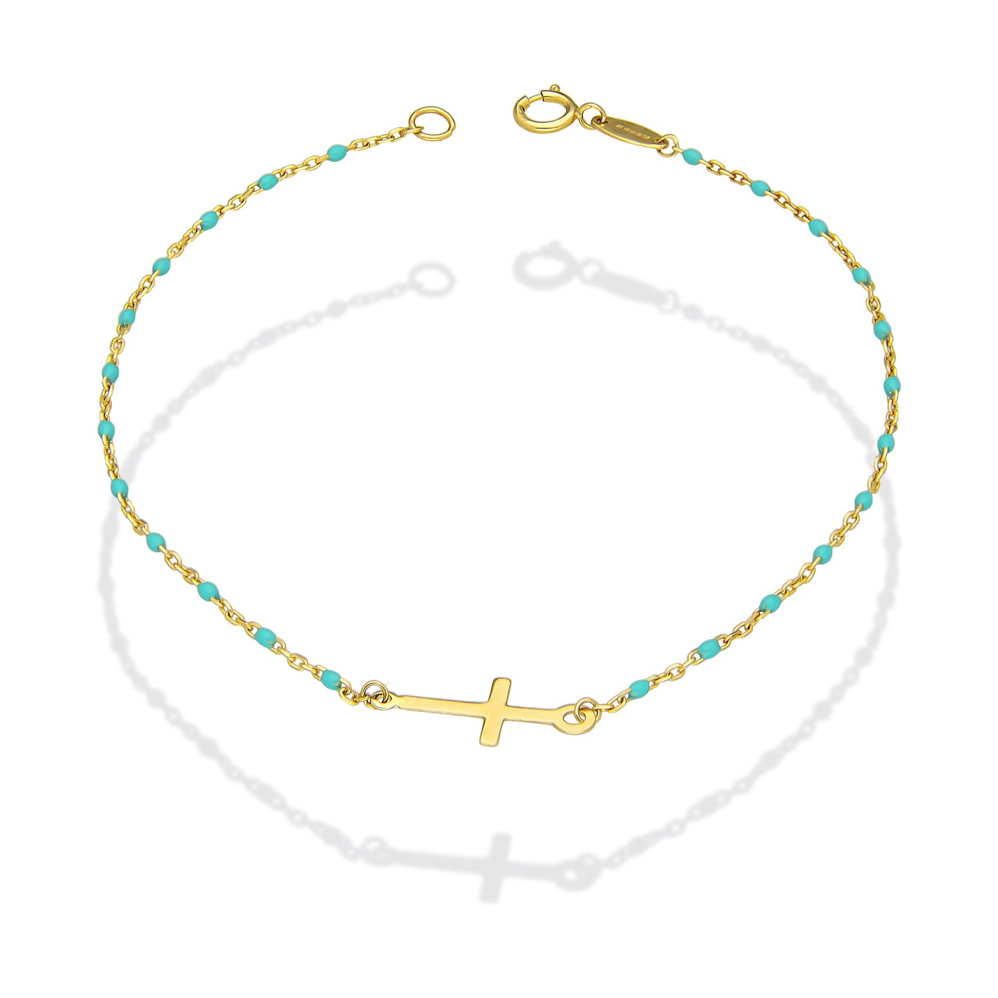 MR14PD139 Pulsera Dama Oro Sólido 14K EMF14 Modelo Bolitas Azul con Cruz Lisa en medio 1 mm x 18 cm