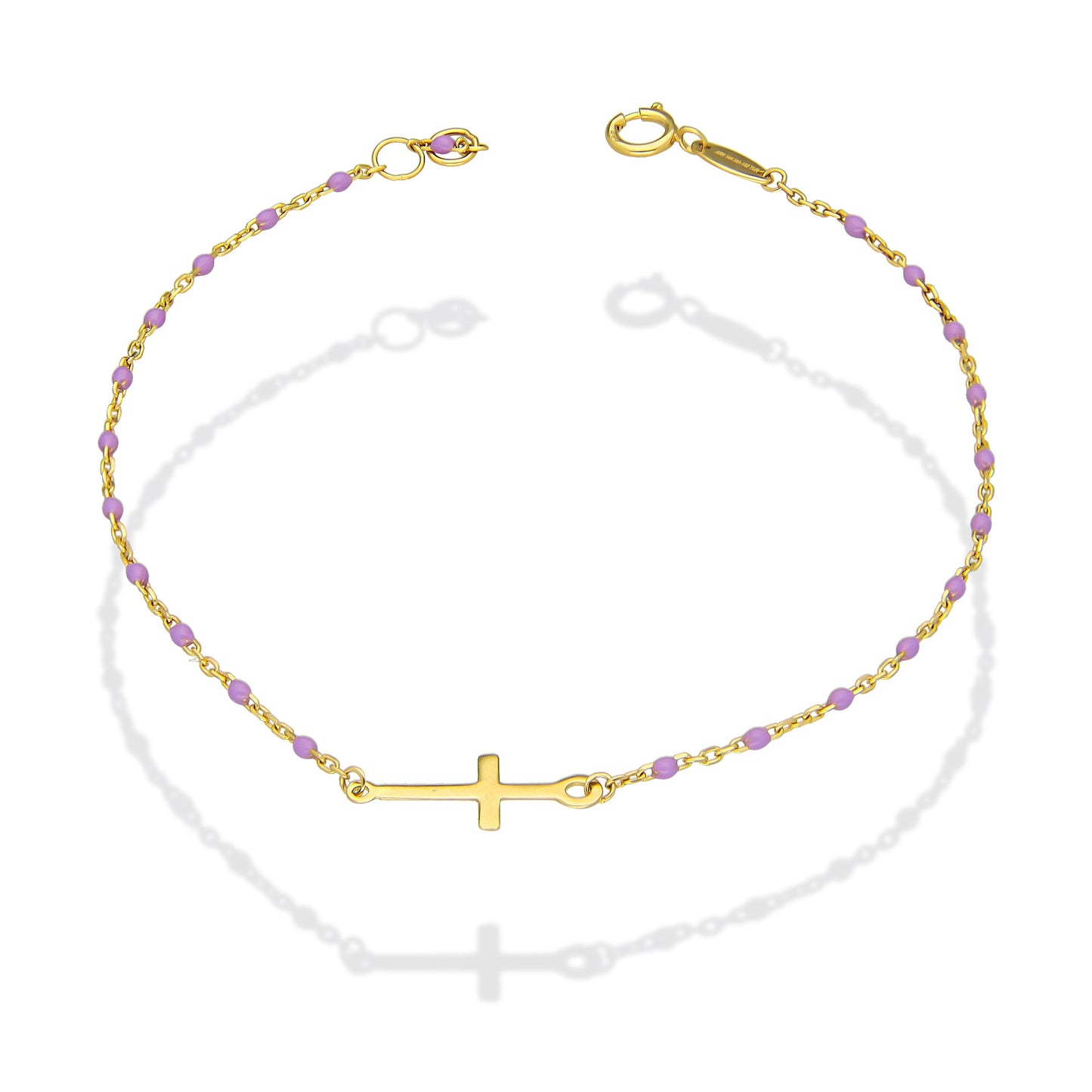 MR14PD140 Pulsera Dama Oro Sólido 14K EMF14 Modelo Bolitas Morado con Cruz Lisa en medio 1 mm x 18 cm