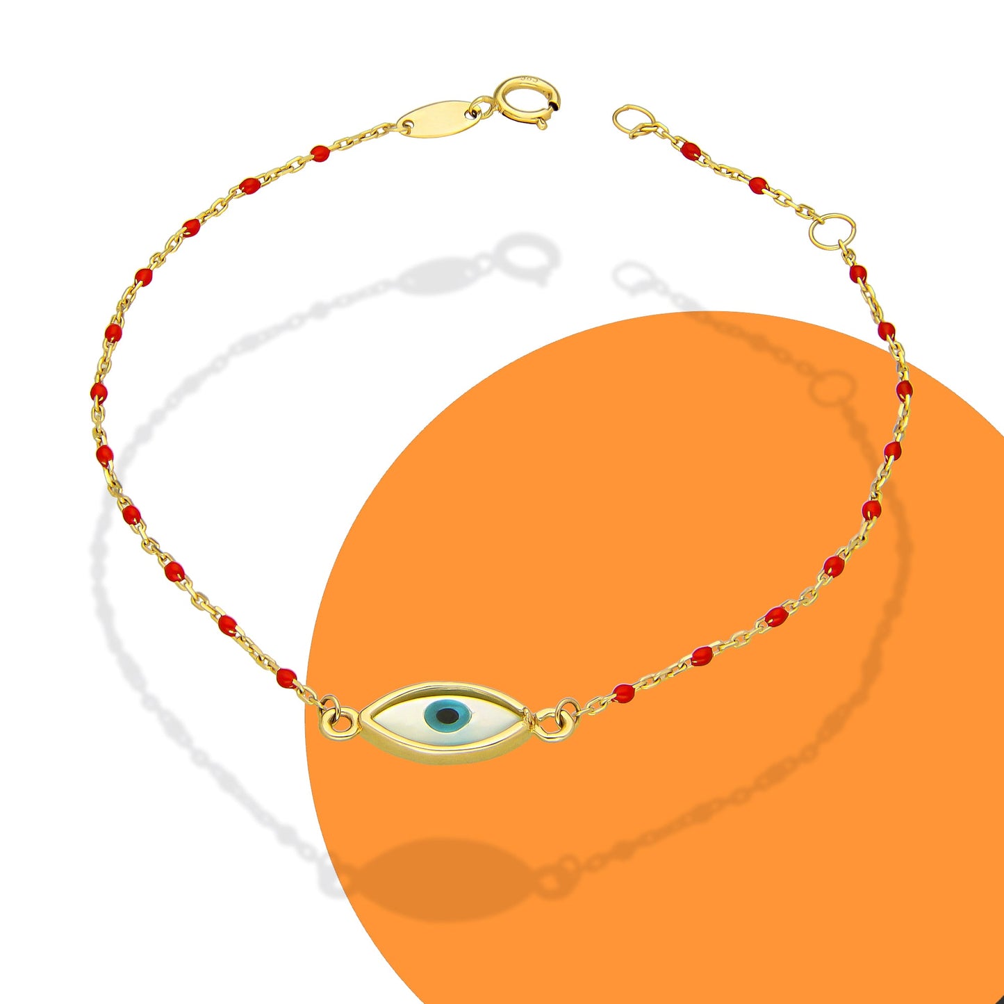 MR14PD141 Pulsera Dama Oro Sólido 14K EMF14 Modelo Bolitas Rojas con Ojito Turco 1 mm x 18 cm