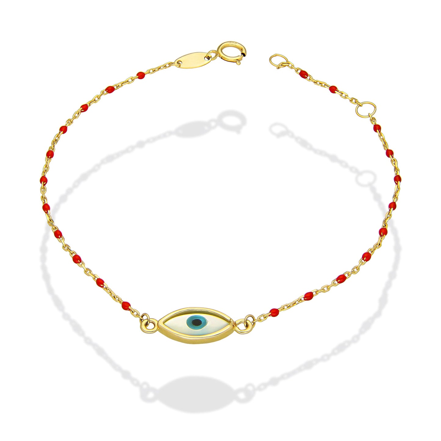 MR14PD141 Pulsera Dama Oro Sólido 14K EMF14 Modelo Bolitas Rojas con Ojito Turco 1 mm x 18 cm