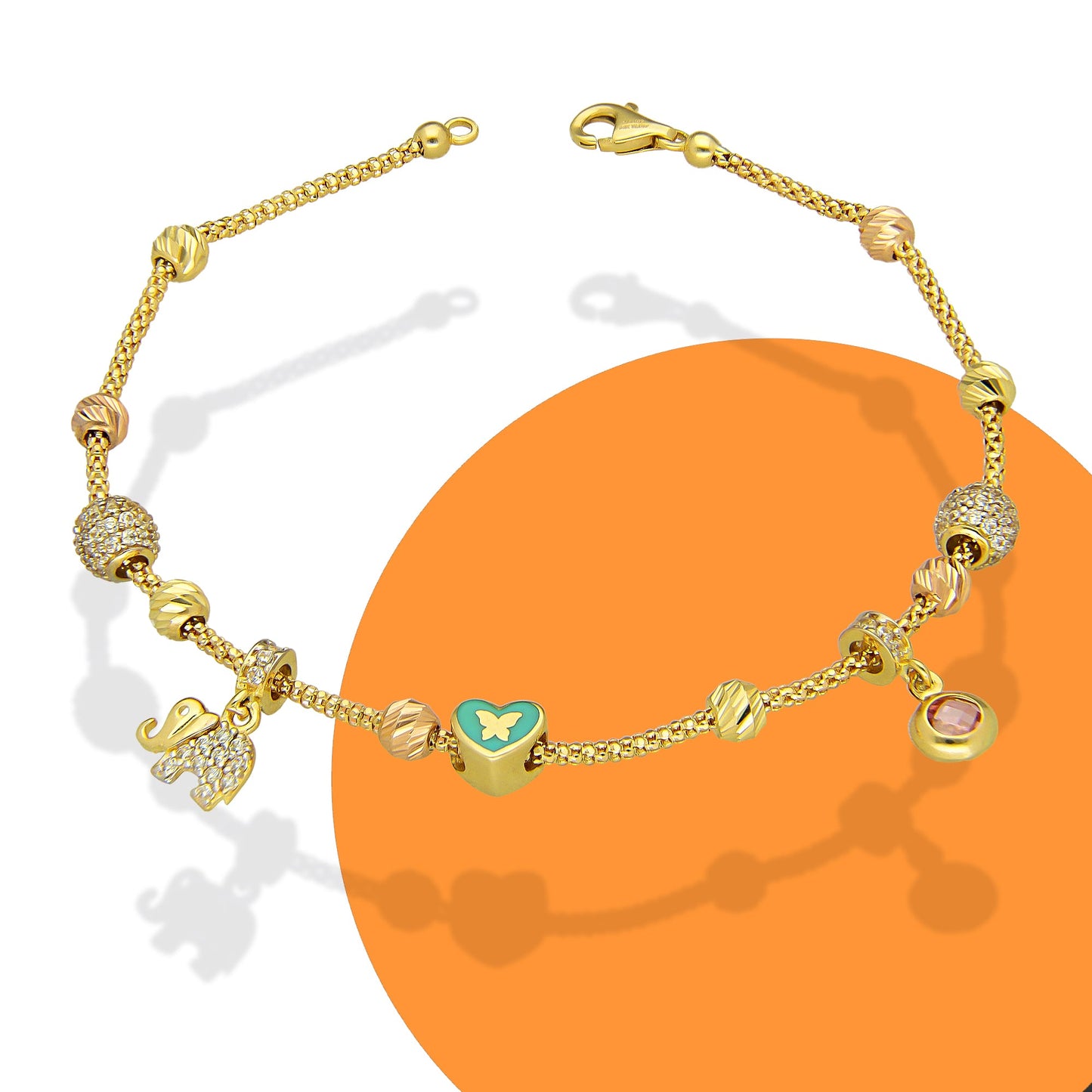 MR14PD144 Pulsera Dama Oro Sólido 14K EMF14 Modelo Bolitas Diamantadas y Dije Colgante de Elefante 2 mm x 19 cm