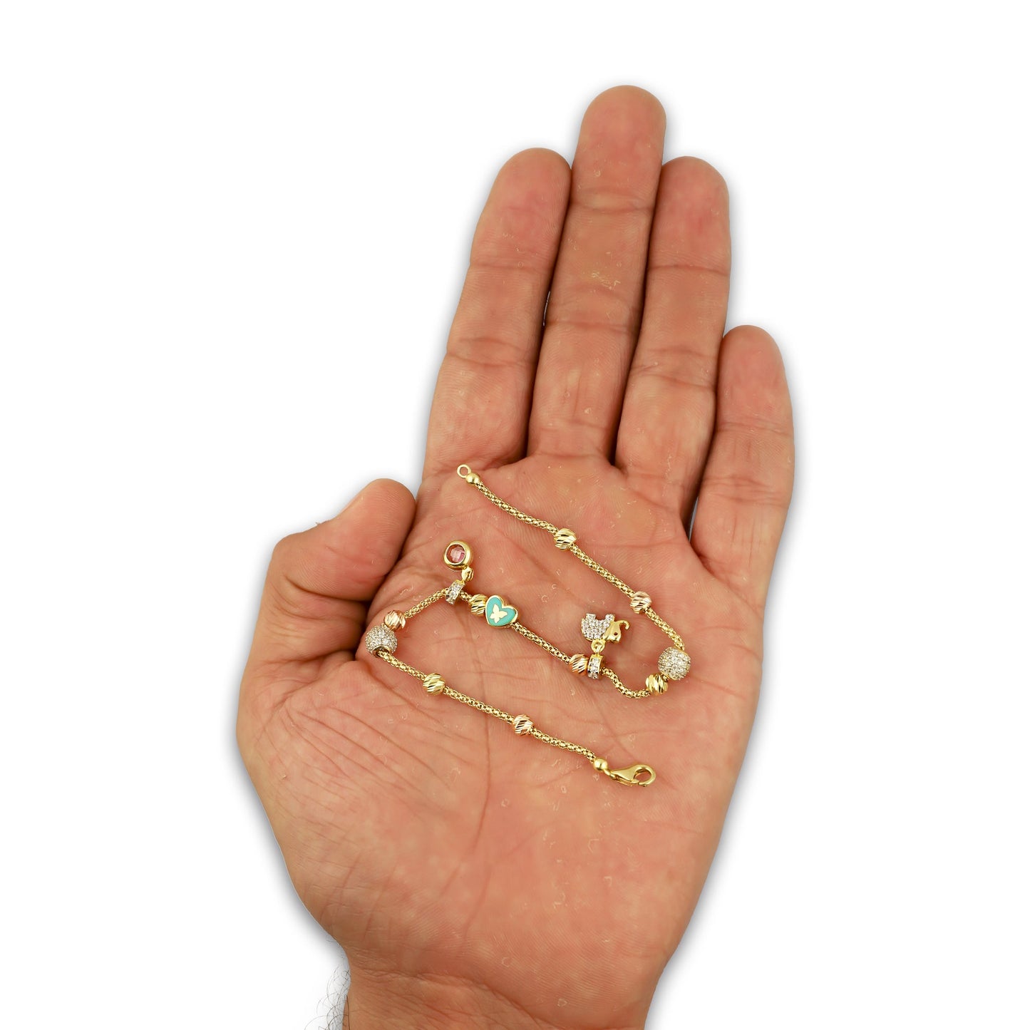 MR14PD144 Pulsera Dama Oro Sólido 14K EMF14 Modelo Bolitas Diamantadas y Dije Colgante de Elefante 2 mm x 19 cm