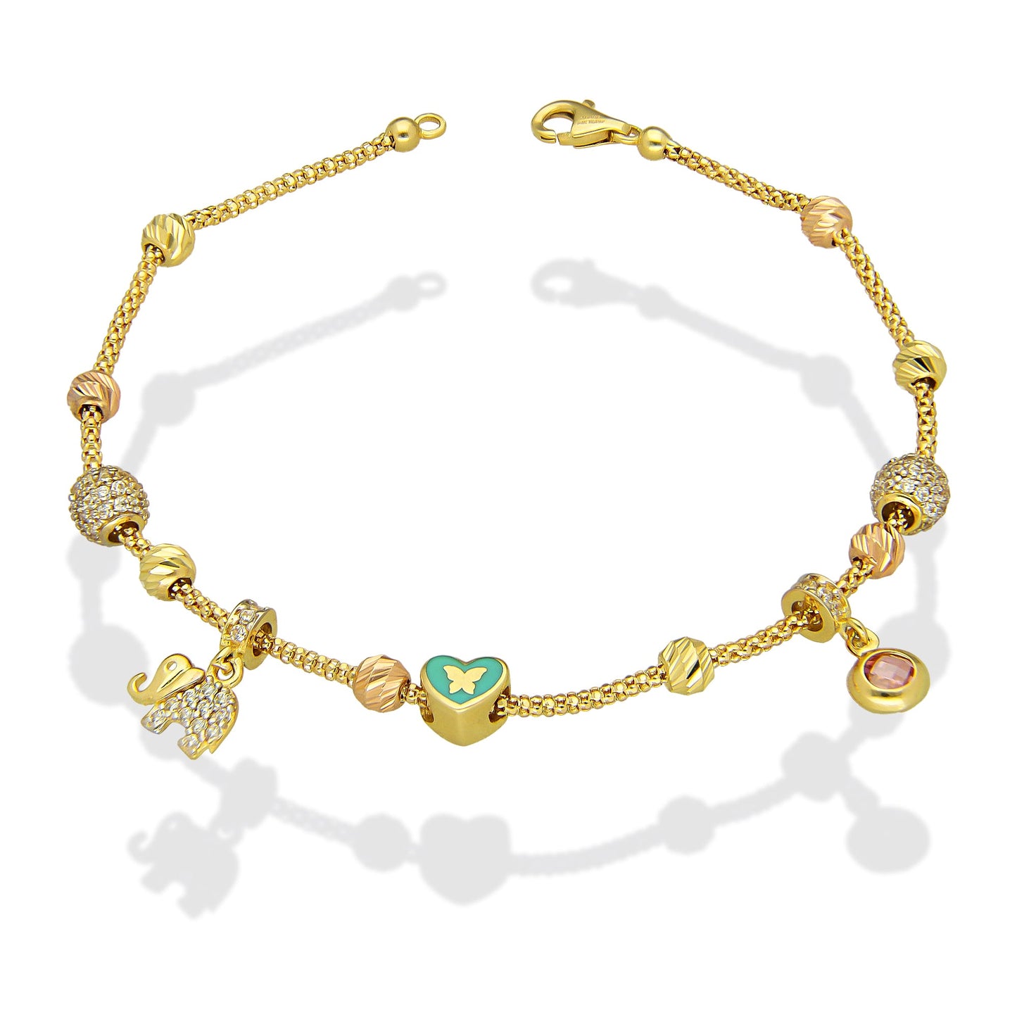 MR14PD144 Pulsera Dama Oro Sólido 14K EMF14 Modelo Bolitas Diamantadas y Dije Colgante de Elefante 2 mm x 19 cm