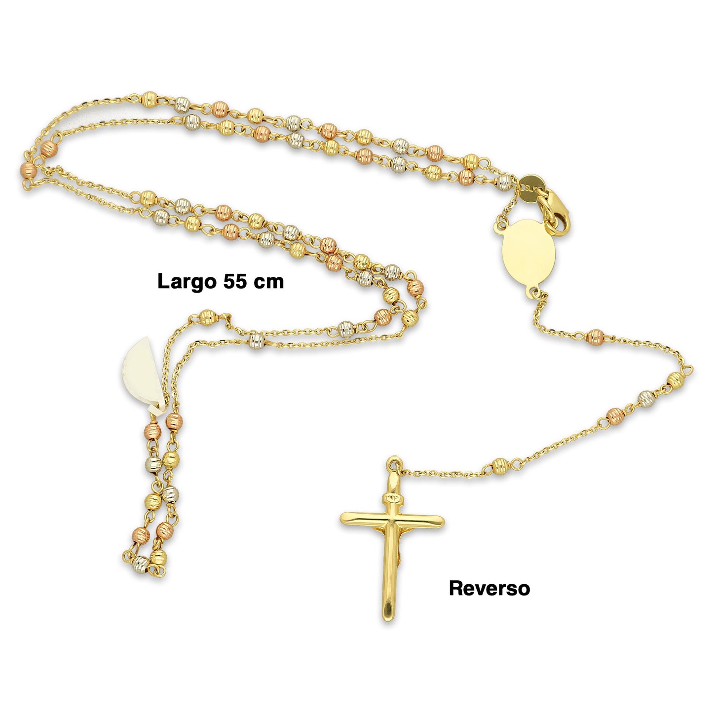 MR14ROS001 Rosario Oro Sólido 14K EMF Bolitas Diamantadas 3 mm Florentino Cruz Tubular