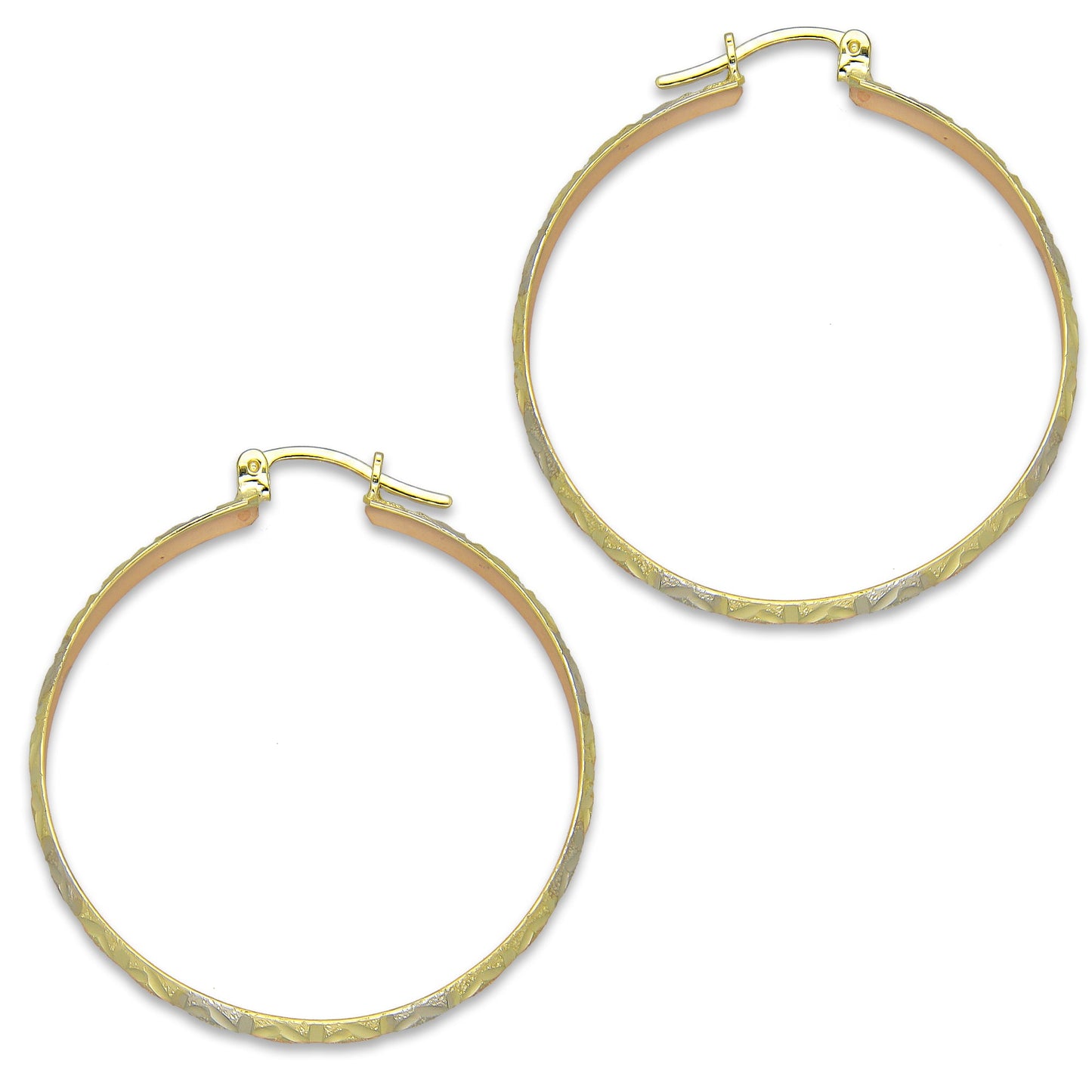 NR14AR014 Arete Arracada Oro Sólido 14K Florentino Diamantado Ancho 4.5 mm DIámetro 3.5 cm