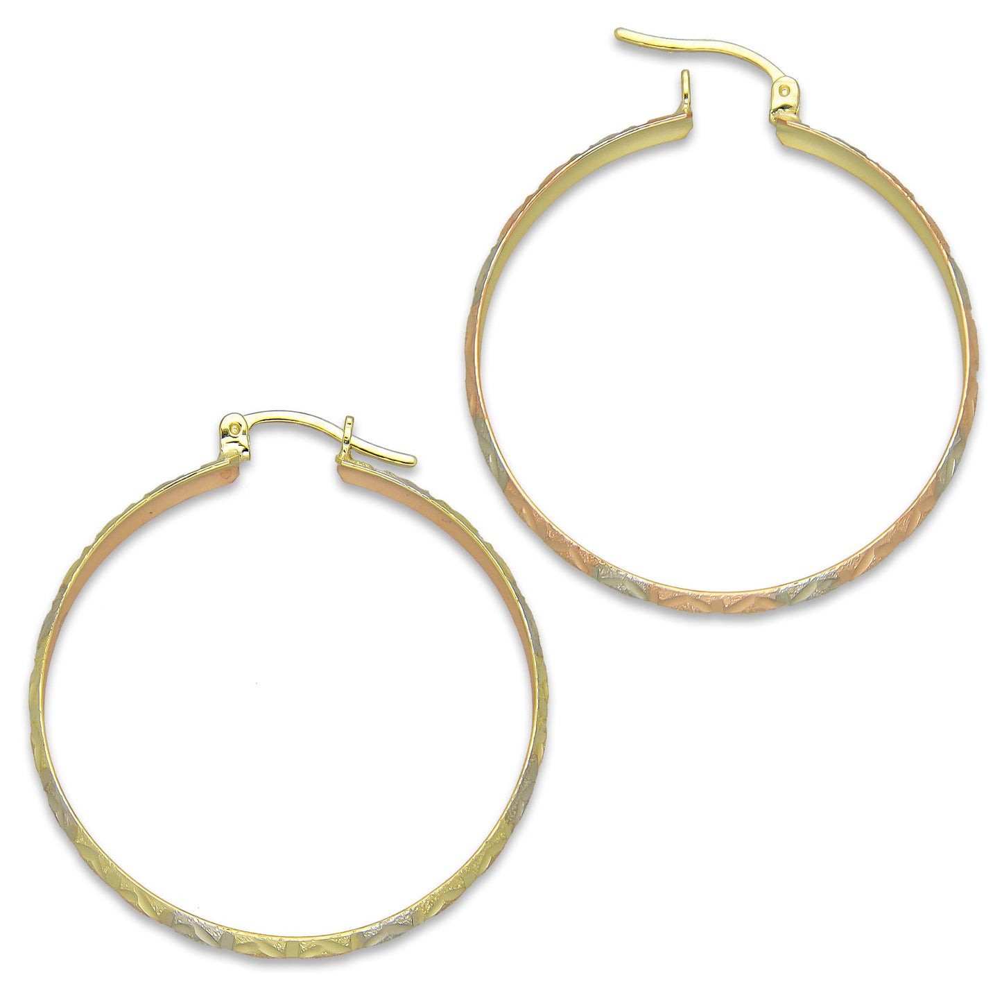 NR14AR014 Arete Arracada Oro Sólido 14K Florentino Diamantado Ancho 4.5 mm DIámetro 3.5 cm
