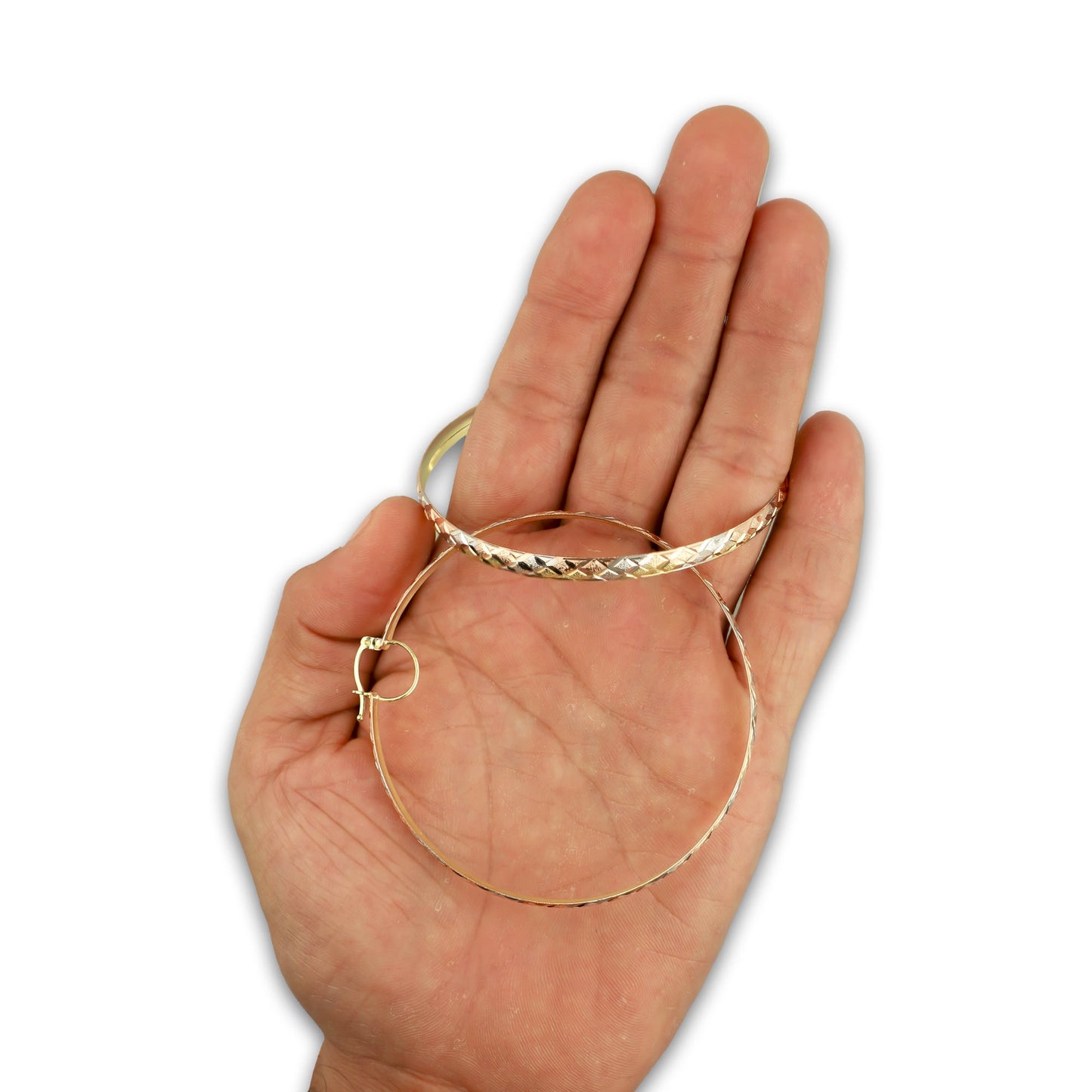 NR14AR018 Arete Arracada Oro Sólido 14K Florentino Diamantado Ancho 4.5 mm DIámetro 6.4 cm