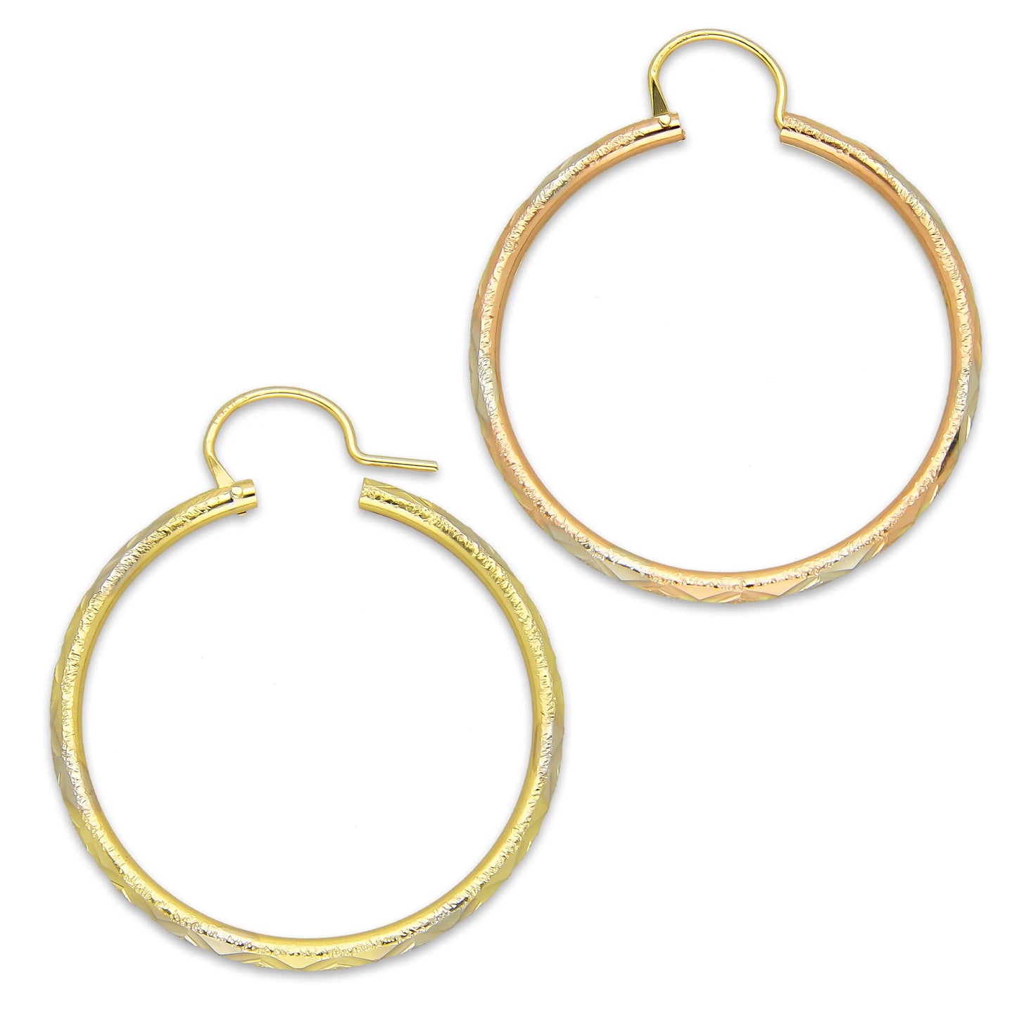 NR14AR024 Arete Arracada Oro Sólido 14K Tubo 2 mm Láser Florentino Diamantado DIámetro 2.9 cm