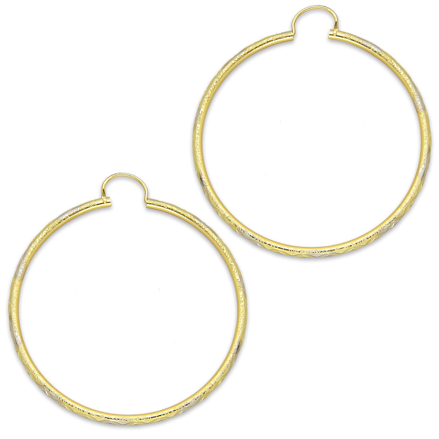 NR14AR026 Arete Arracada Oro Sólido 14K Tubo 2 mm Láser Florentino Diamantado DIámetro 4.4 cm
