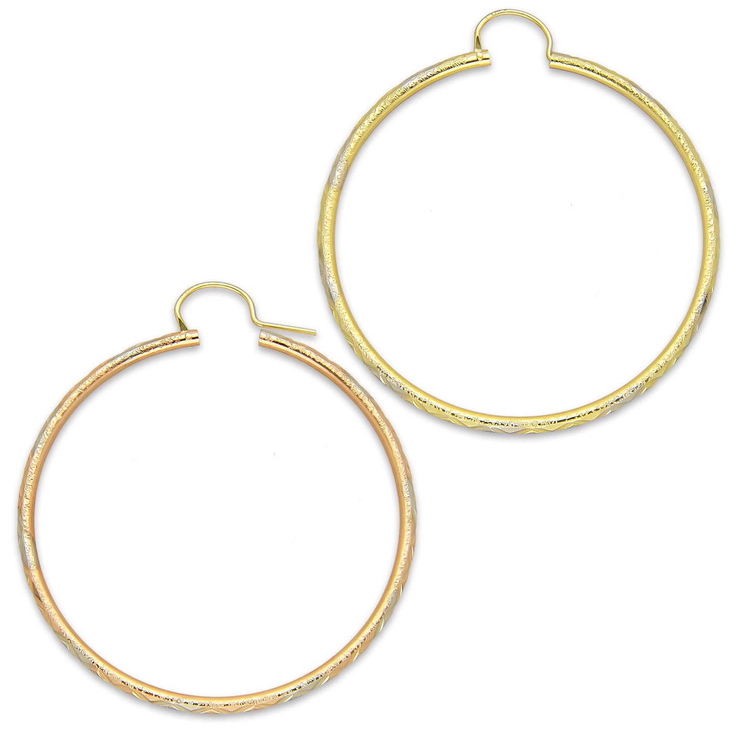 NR14AR026 Arete Arracada Oro Sólido 14K Tubo 2 mm Láser Florentino Diamantado DIámetro 4.4 cm
