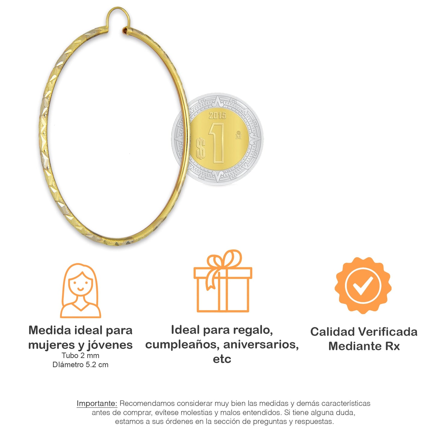 NR14AR027 Arete Arracada Oro Sólido 14K Tubo 2 mm Láser Florentino Diamantado DIámetro 5.2 cm