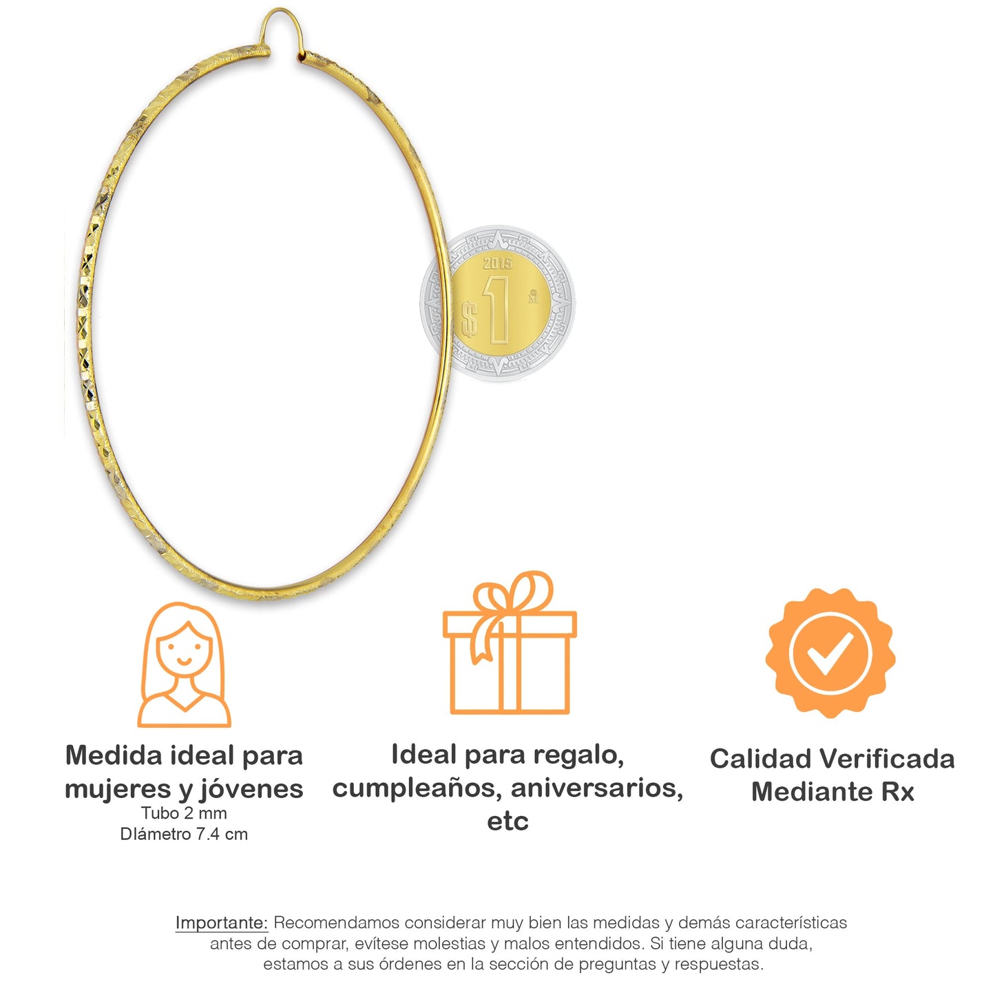 NR14AR030 Arete Arracada Oro Sólido 14K Tubo 2 mm Láser Florentino Diamantado DIámetro 7.4 cm