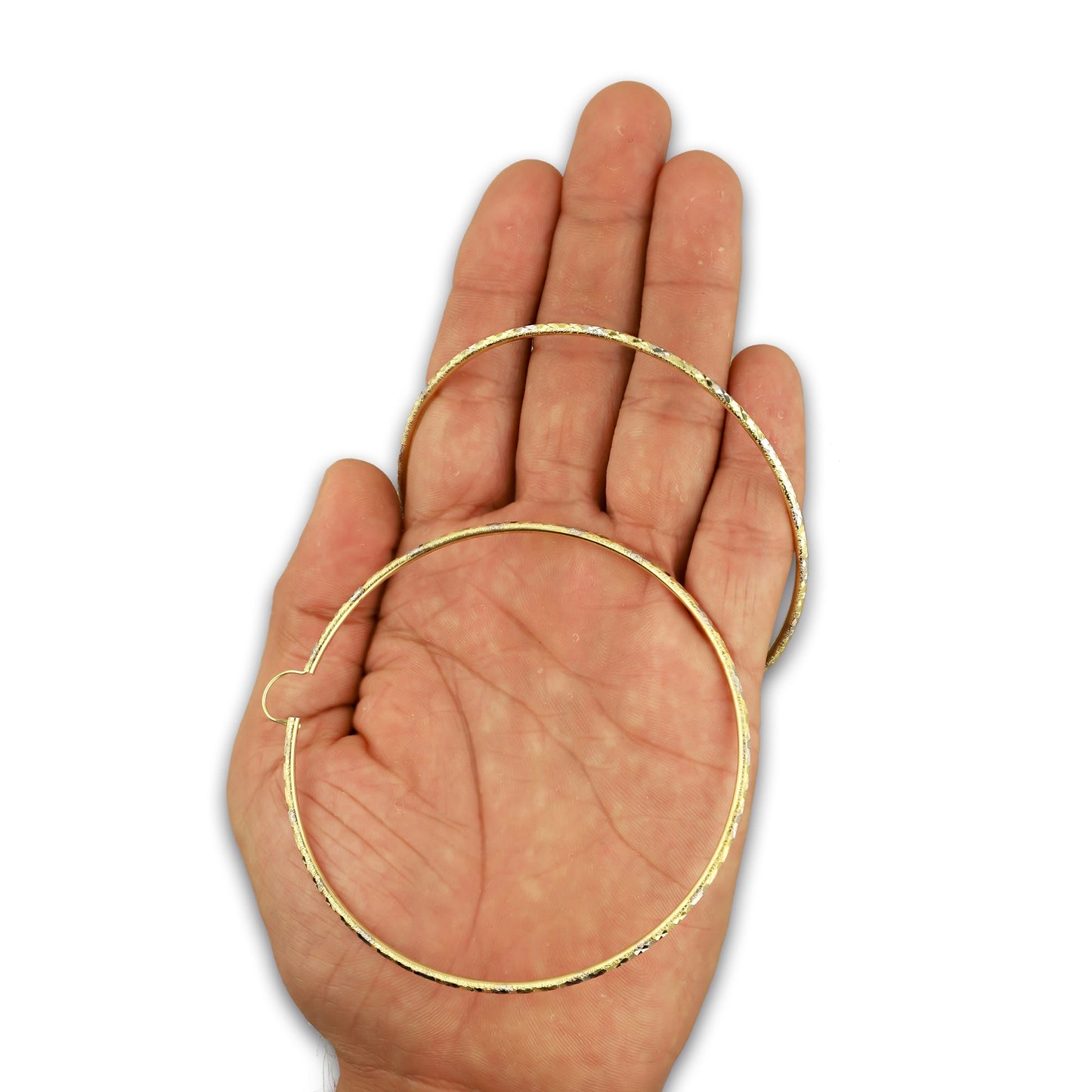 NR14AR030 Arete Arracada Oro Sólido 14K Tubo 2 mm Láser Florentino Diamantado DIámetro 7.4 cm