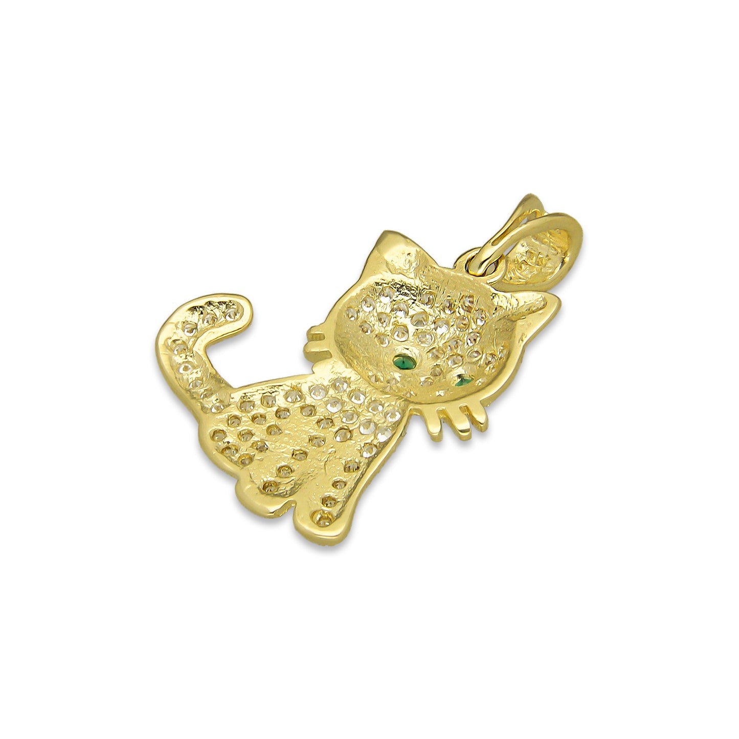 NR14DJ130 Dije Oro Sólido 14K Gato Ojos Verdes Pavé 1.9 cm x 2.5 cm