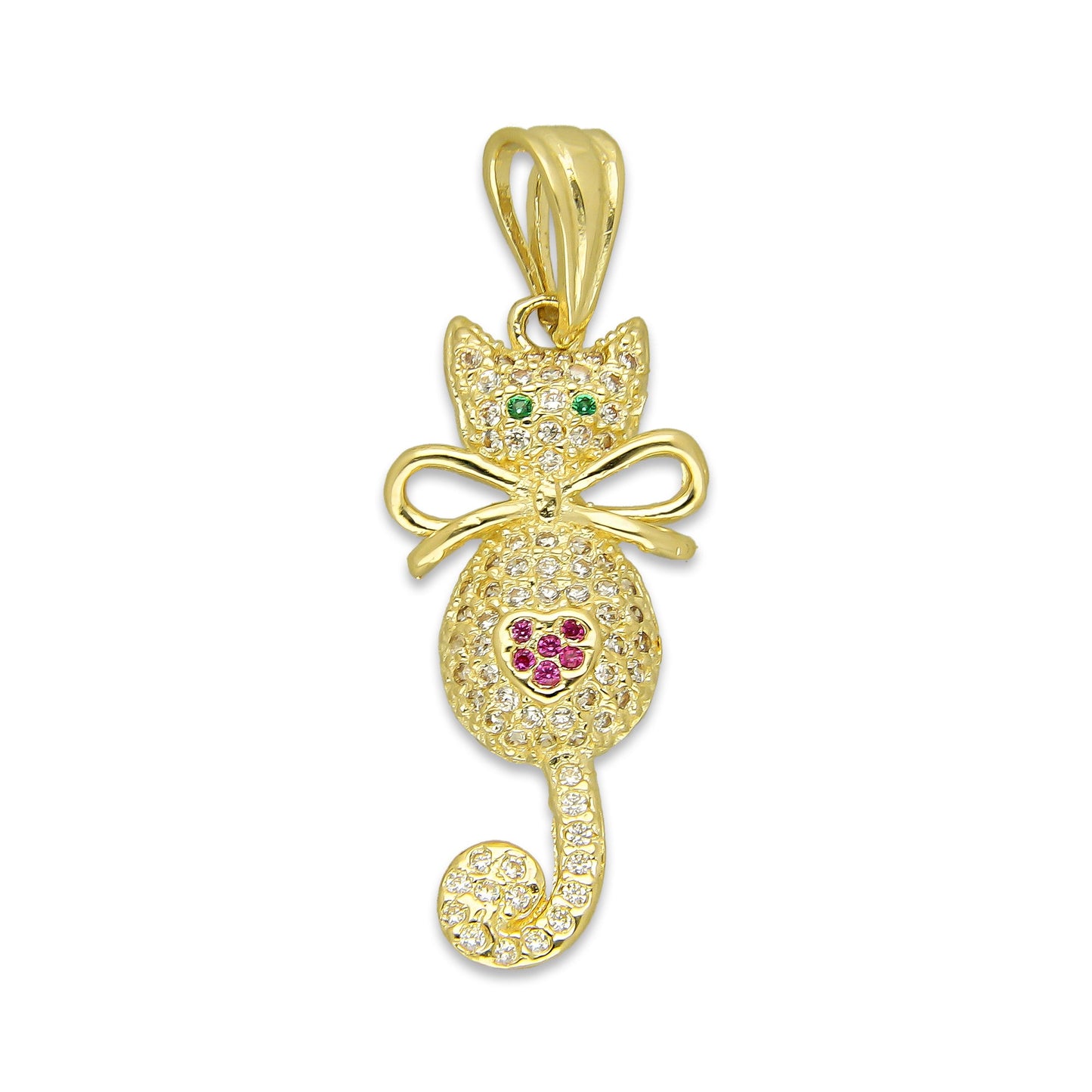 NR14DJ131 Dije Oro Sólido 14K Gato Cola Colgante con Moño Pavé 1.3 cm x 3.5 cm