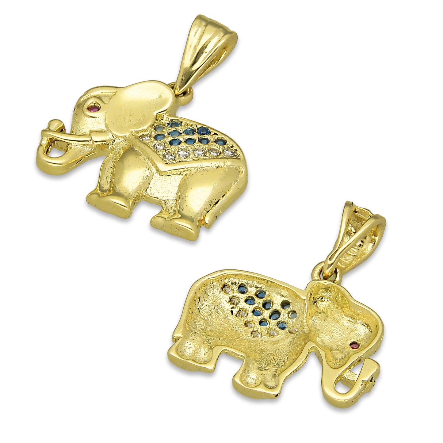 NR14DJ138 Dije Oro Sólido 14K Elefante Manto ZIrconias Verdes 1.7 cm x 2 cm