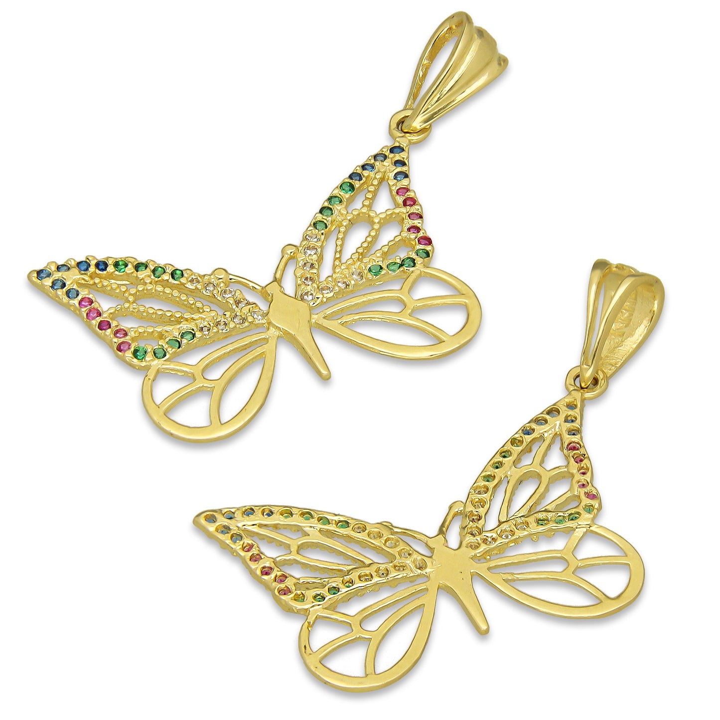 NR14DJ141 Dije Oro Sólido 14K Mariposa Calada Multicolor Grande 2.8 cm x 3.8 cm