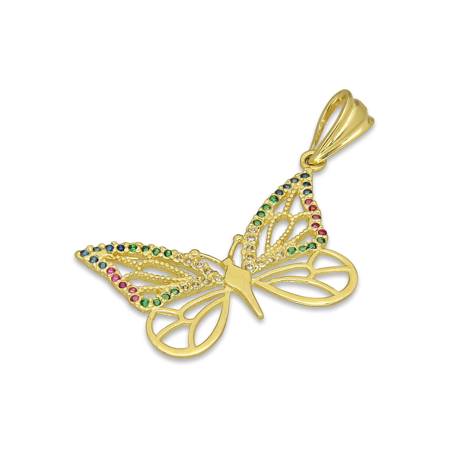 NR14DJ141 Dije Oro Sólido 14K Mariposa Calada Multicolor Grande 2.8 cm x 3.8 cm