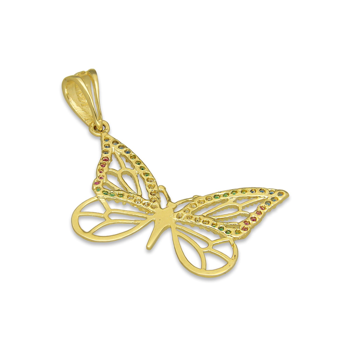 NR14DJ141 Dije Oro Sólido 14K Mariposa Calada Multicolor Grande 2.8 cm x 3.8 cm