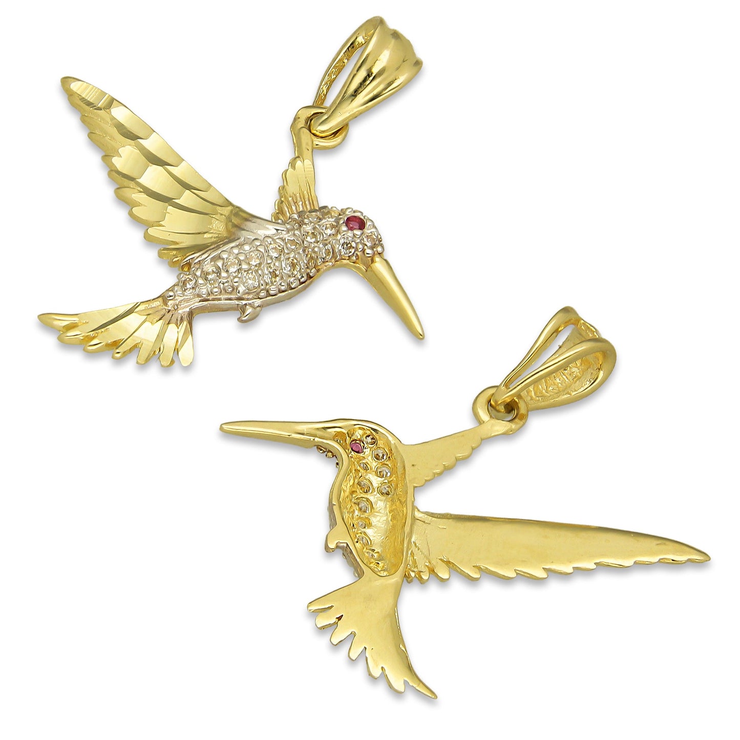 NR14DJ144 Dije Oro Sólido 14K Colibrí Alas y Cola Diamantada Blanco 2.5 cm x 2.5 cm