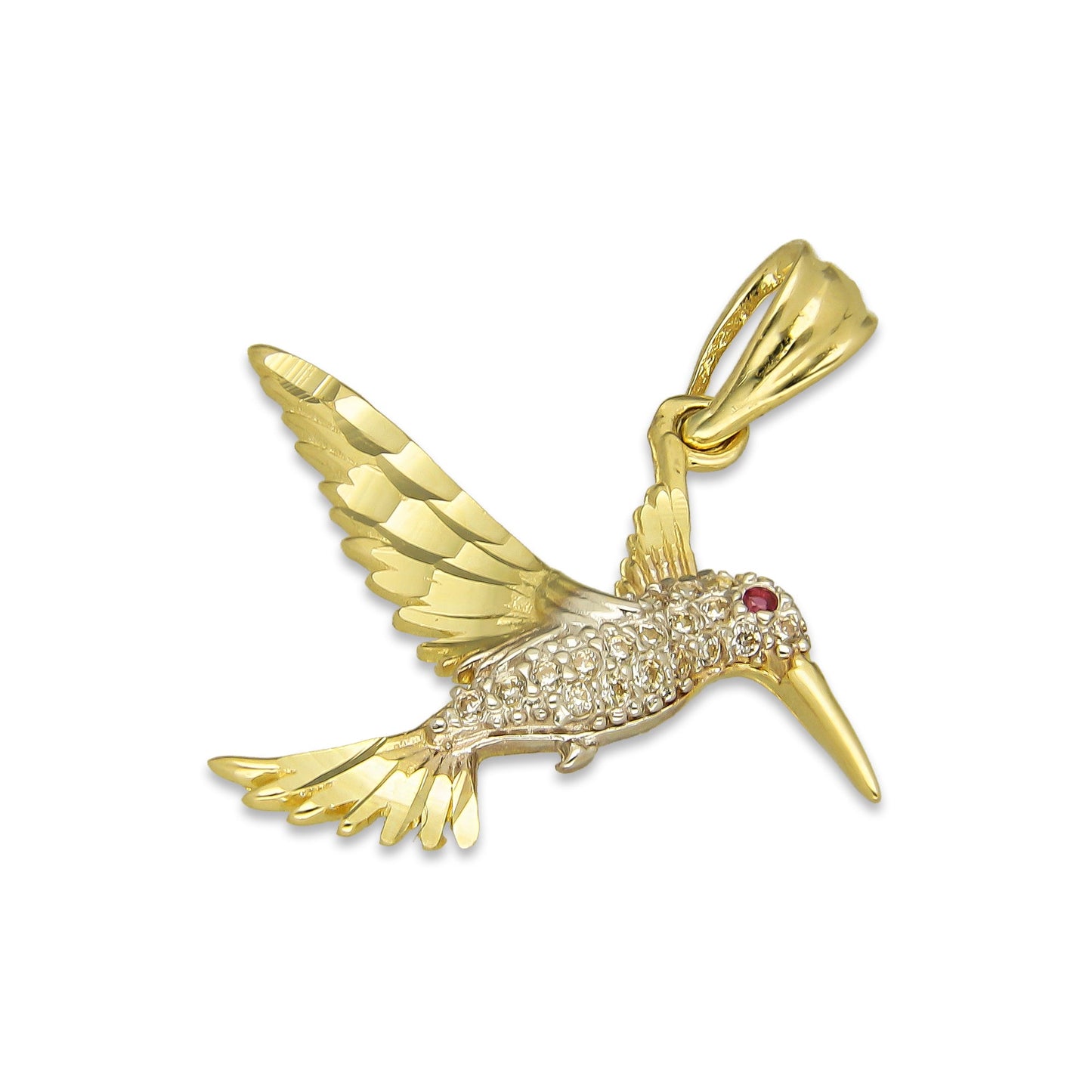 NR14DJ144 Dije Oro Sólido 14K Colibrí Alas y Cola Diamantada Blanco 2.5 cm x 2.5 cm