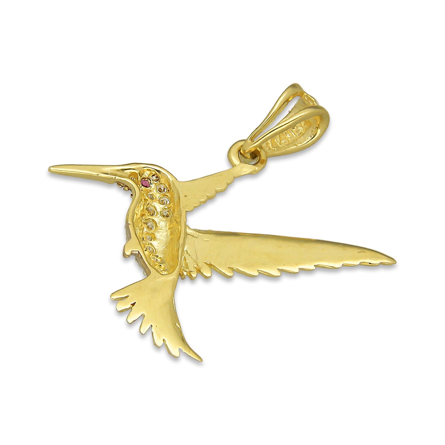 NR14DJ144 Dije Oro Sólido 14K Colibrí Alas y Cola Diamantada Blanco 2.5 cm x 2.5 cm
