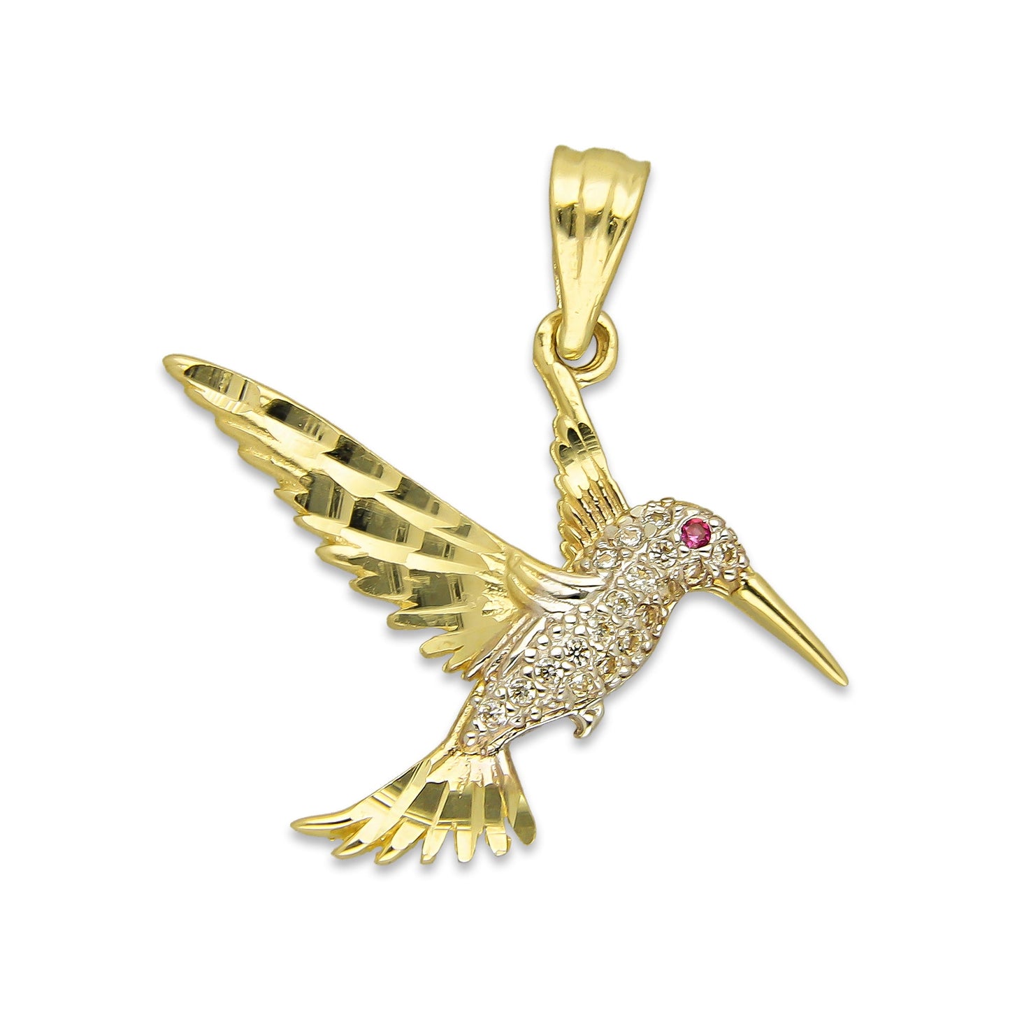 NR14DJ144 Dije Oro Sólido 14K Colibrí Alas y Cola Diamantada Blanco 2.5 cm x 2.5 cm