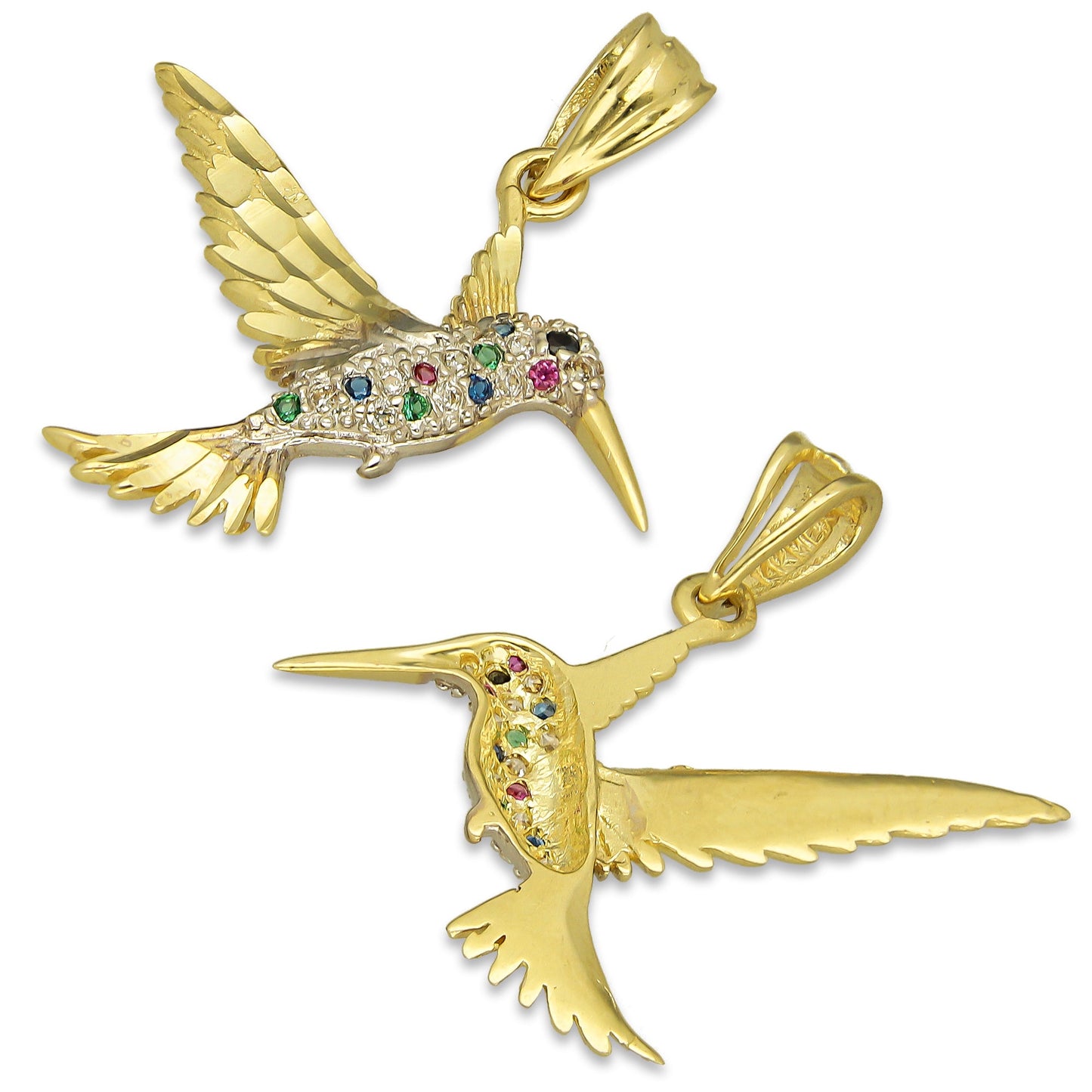 NR14DJ145 Dije Oro Sólido 14K Colibrí Alas y Cola Diamantada Multicolor 2.5 cm x 2.5 cm
