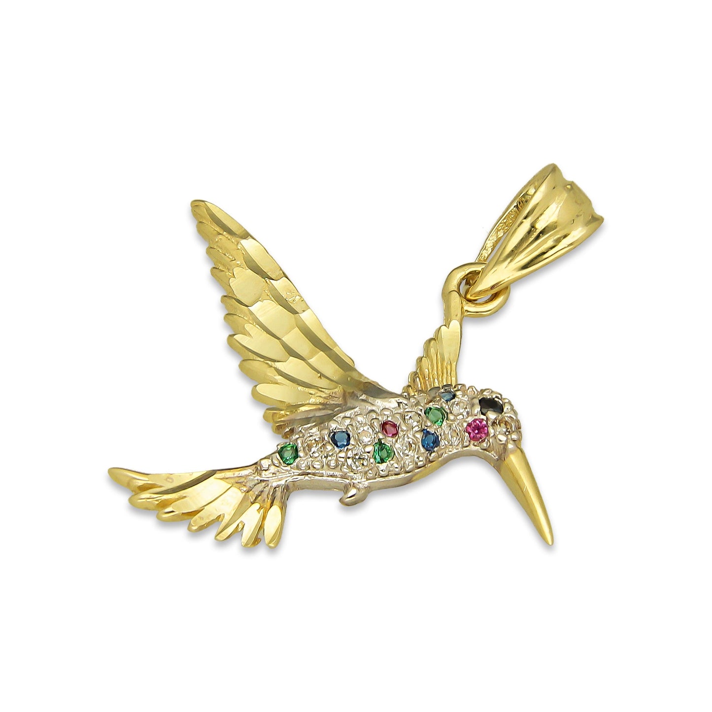 NR14DJ145 Dije Oro Sólido 14K Colibrí Alas y Cola Diamantada Multicolor 2.5 cm x 2.5 cm
