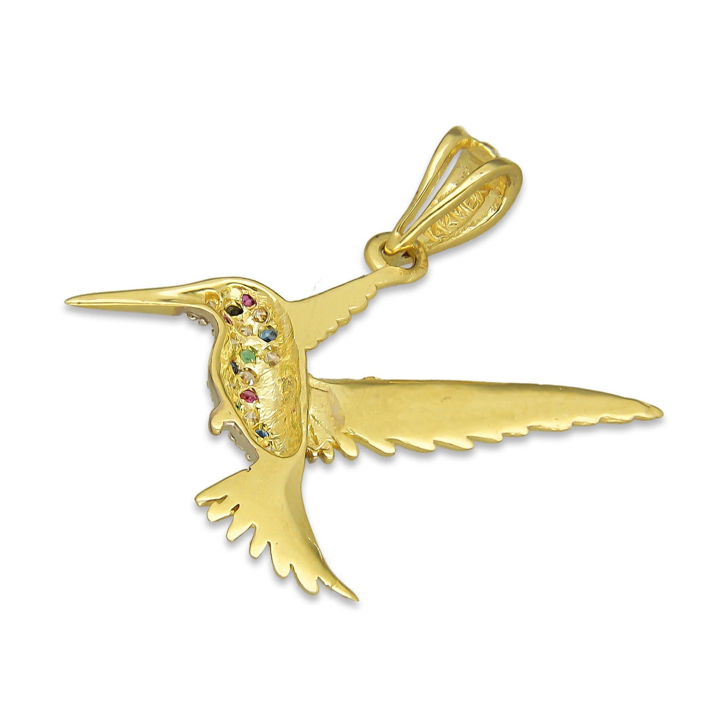 NR14DJ145 Dije Oro Sólido 14K Colibrí Alas y Cola Diamantada Multicolor 2.5 cm x 2.5 cm