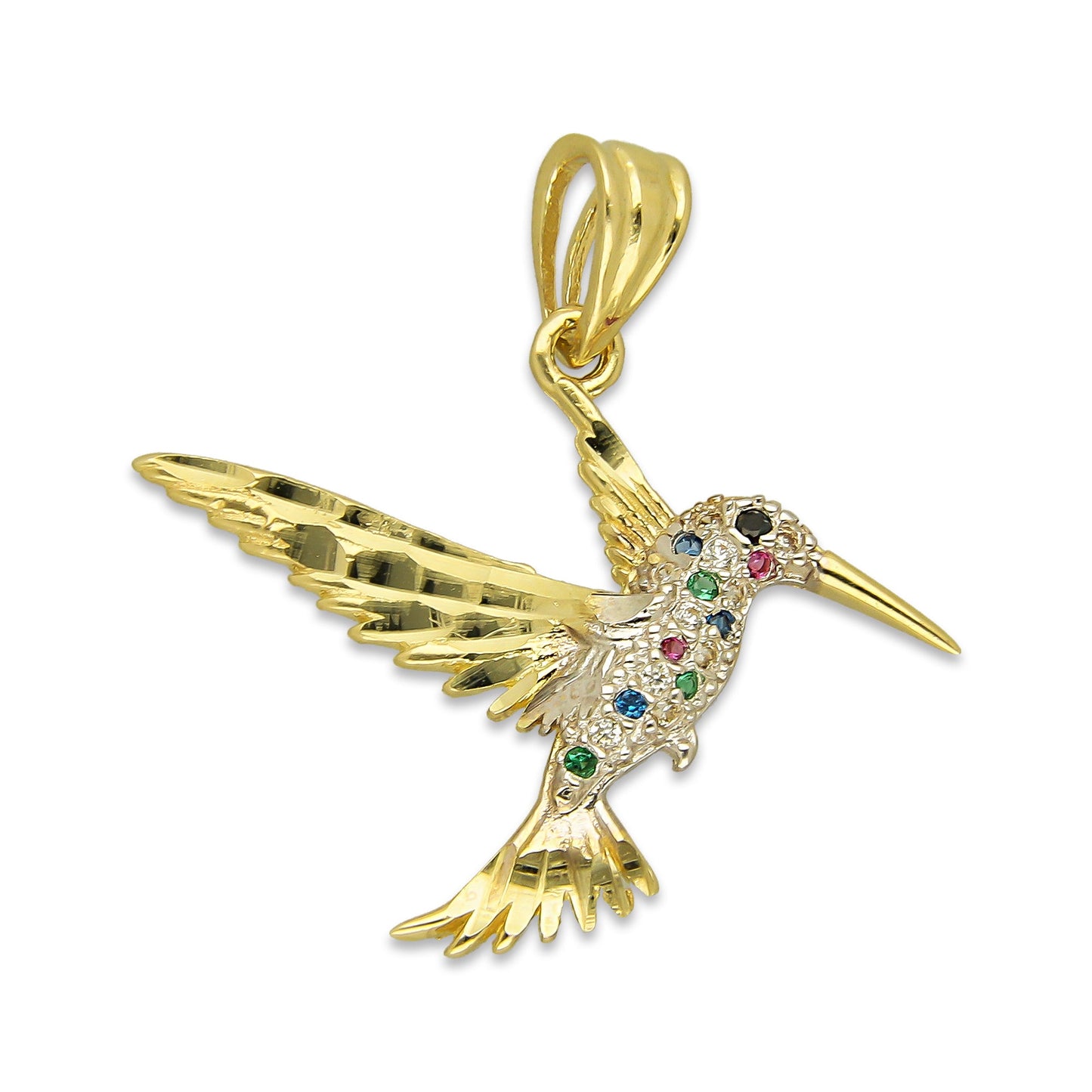 NR14DJ145 Dije Oro Sólido 14K Colibrí Alas y Cola Diamantada Multicolor 2.5 cm x 2.5 cm