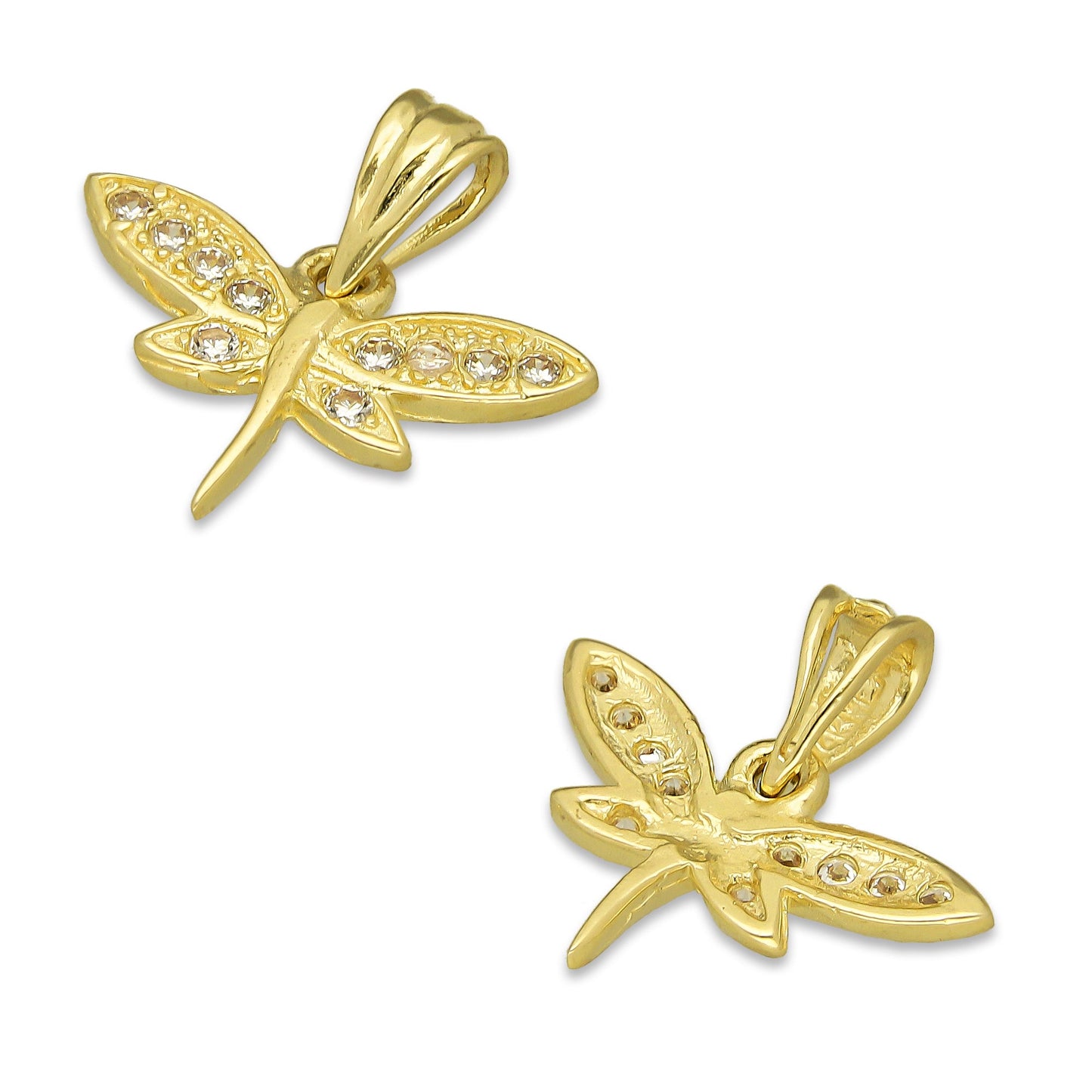 NR14DJ147 Dije Oro Sólido 14K Libélula Centro Liso con Zirconias 1.7 cm x 1.7 cm