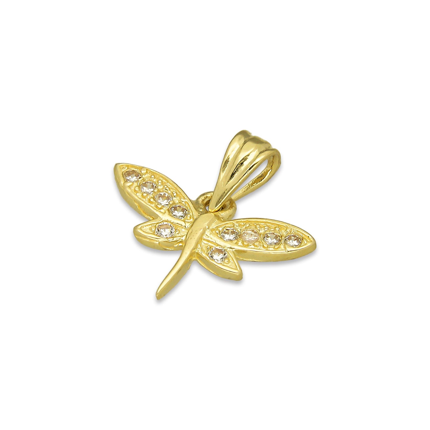 NR14DJ147 Dije Oro Sólido 14K Libélula Centro Liso con Zirconias 1.7 cm x 1.7 cm