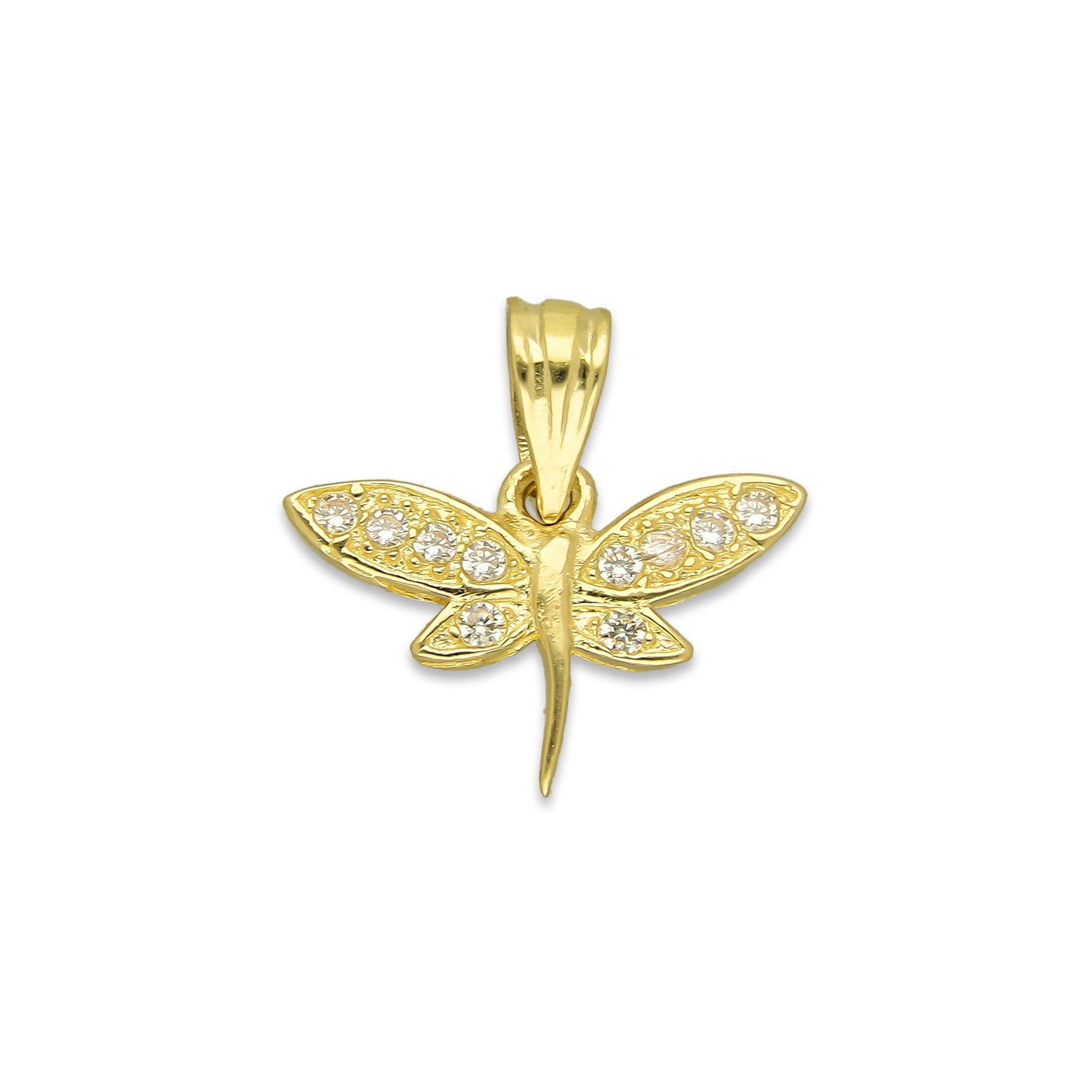 NR14DJ147 Dije Oro Sólido 14K Libélula Centro Liso con Zirconias 1.7 cm x 1.7 cm