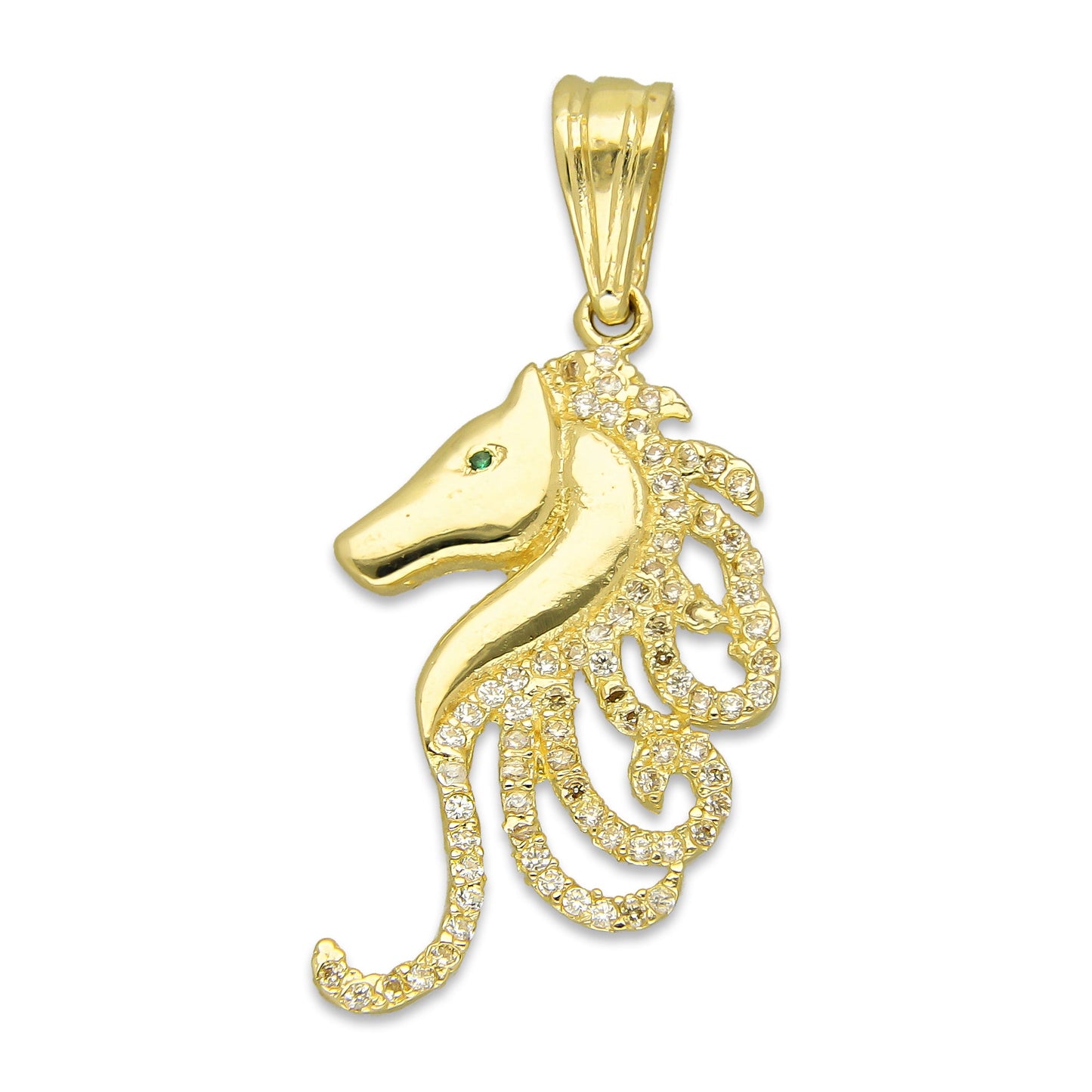 NR14DJ154 Dije Oro Sólido 14K Cabeza Caballo Crin con Zirconias 1.7 cm x 3.5 cm