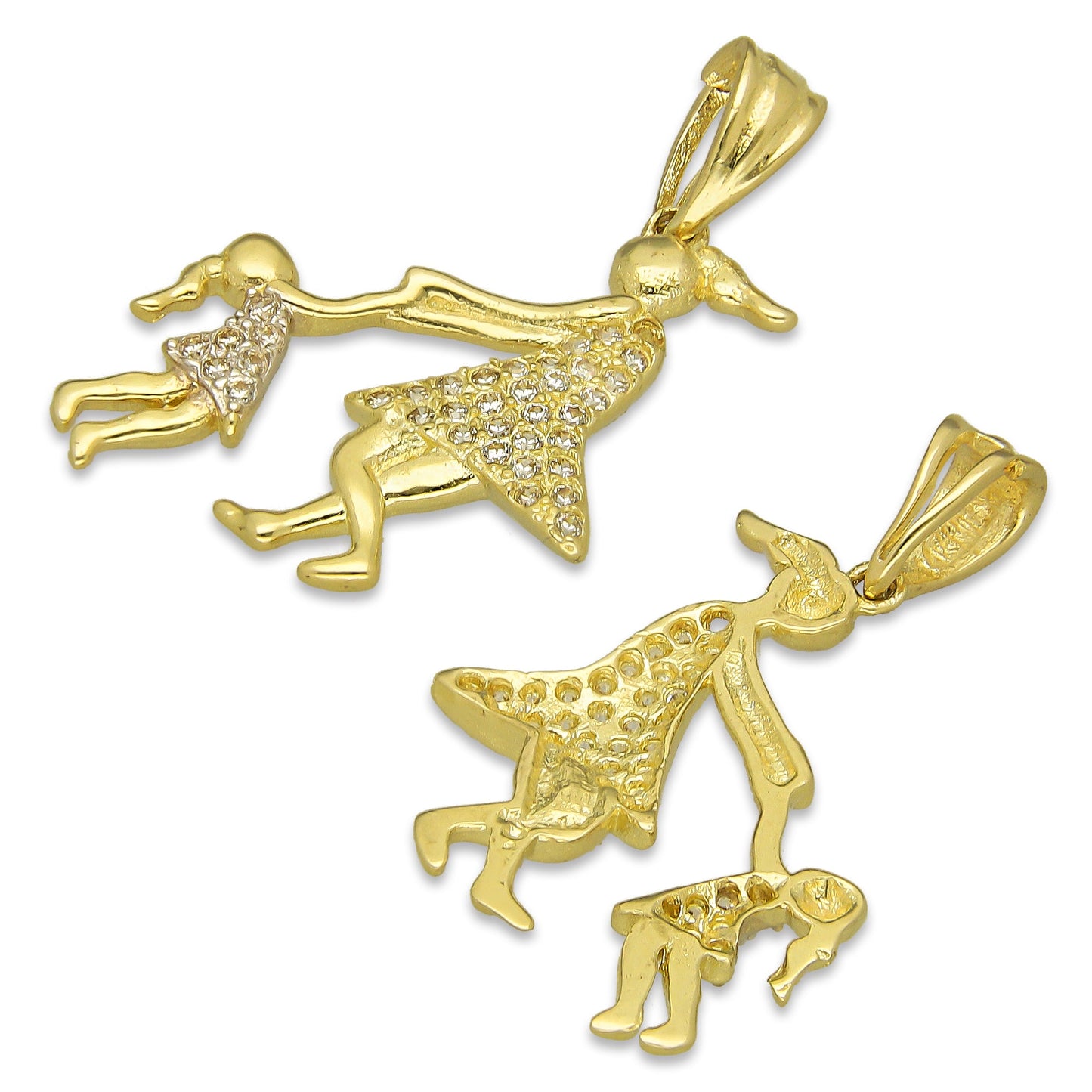 NR14DJ155 Dije Oro Sólido 14K Madre e Hija Jugando 1.8 cm x 2.5 cm