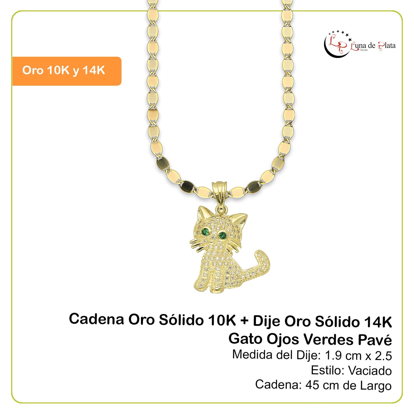 NR14DP033 Cadena Oro Sólido 10K + Dije Oro Sólido 14K Gato Ojos Verdes Pavé 1.9 cm x 2.5 cm