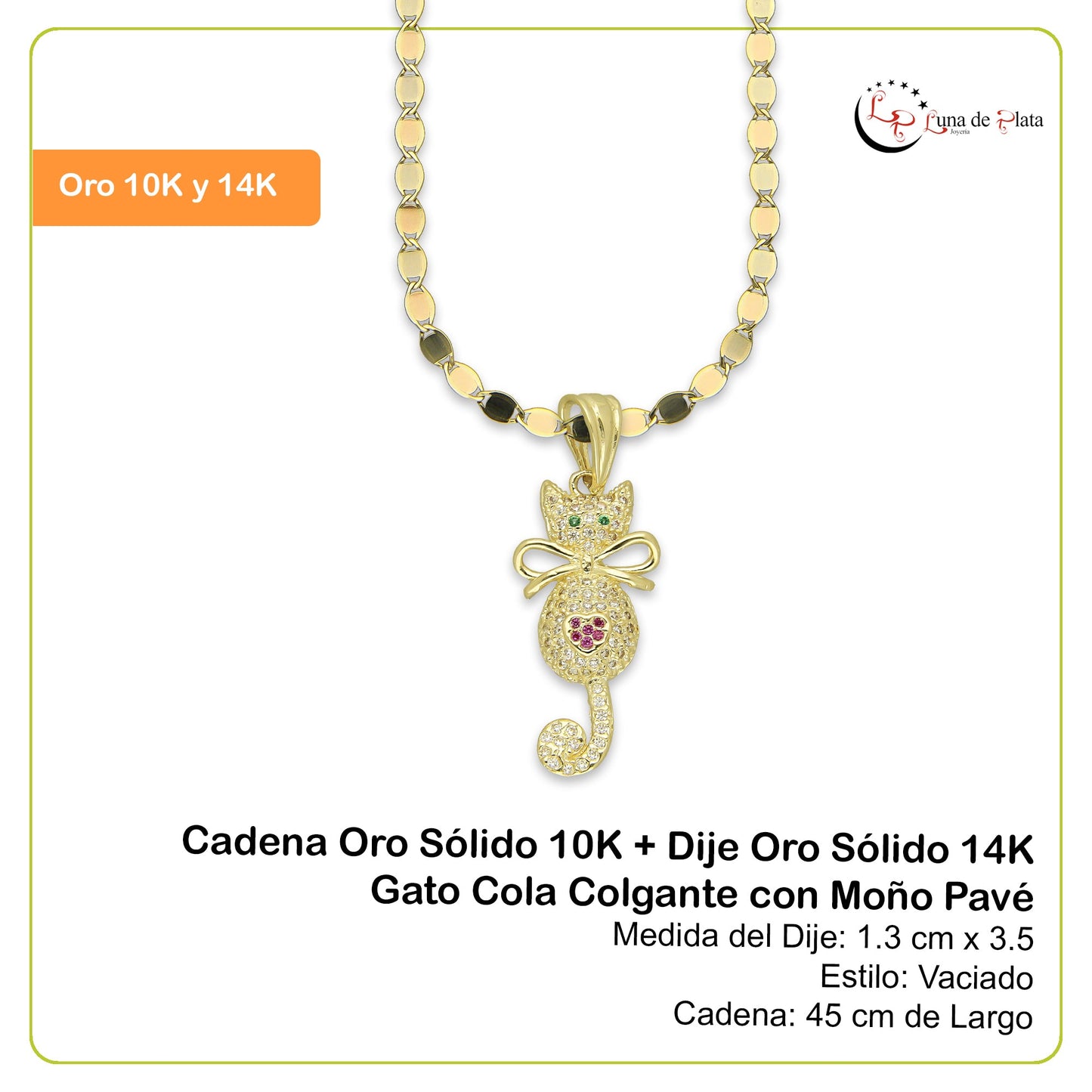 NR14DP034 Cadena Oro Sólido 10K + Dije Oro Sólido 14K Gato Cola Colgante con Moño Pavé 1.3 cm x 3.5 cm