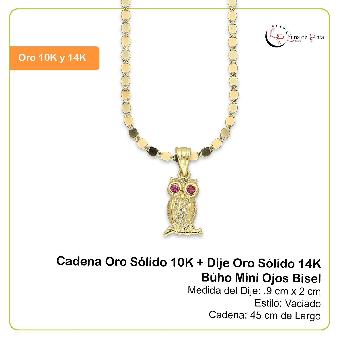 NR14DP036 Cadena Oro Sólido 10K + Dije Oro Sólido 14K Búho Mini Ojos Bisel .9 cm x 2 cm